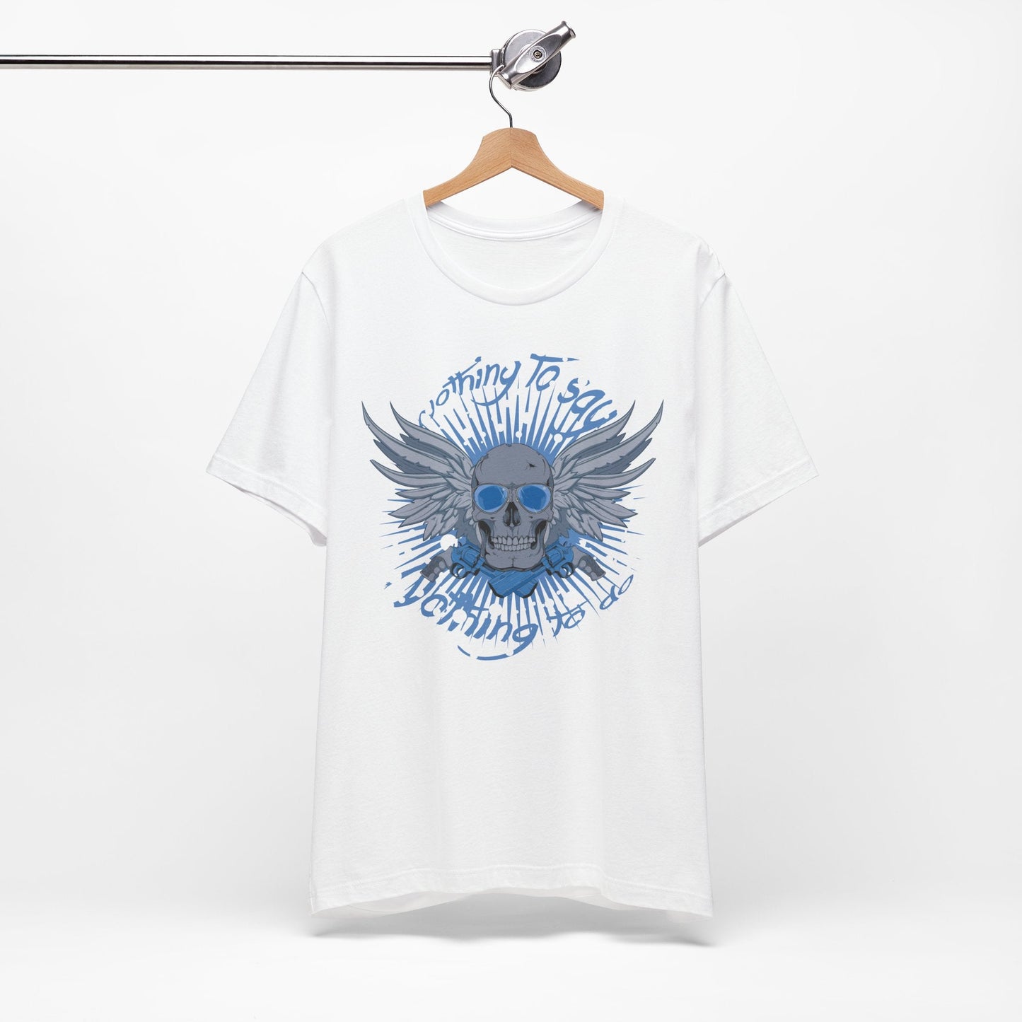 Winged Skull Graphic Tee | Blue Skull with Wings, Radiant Burst