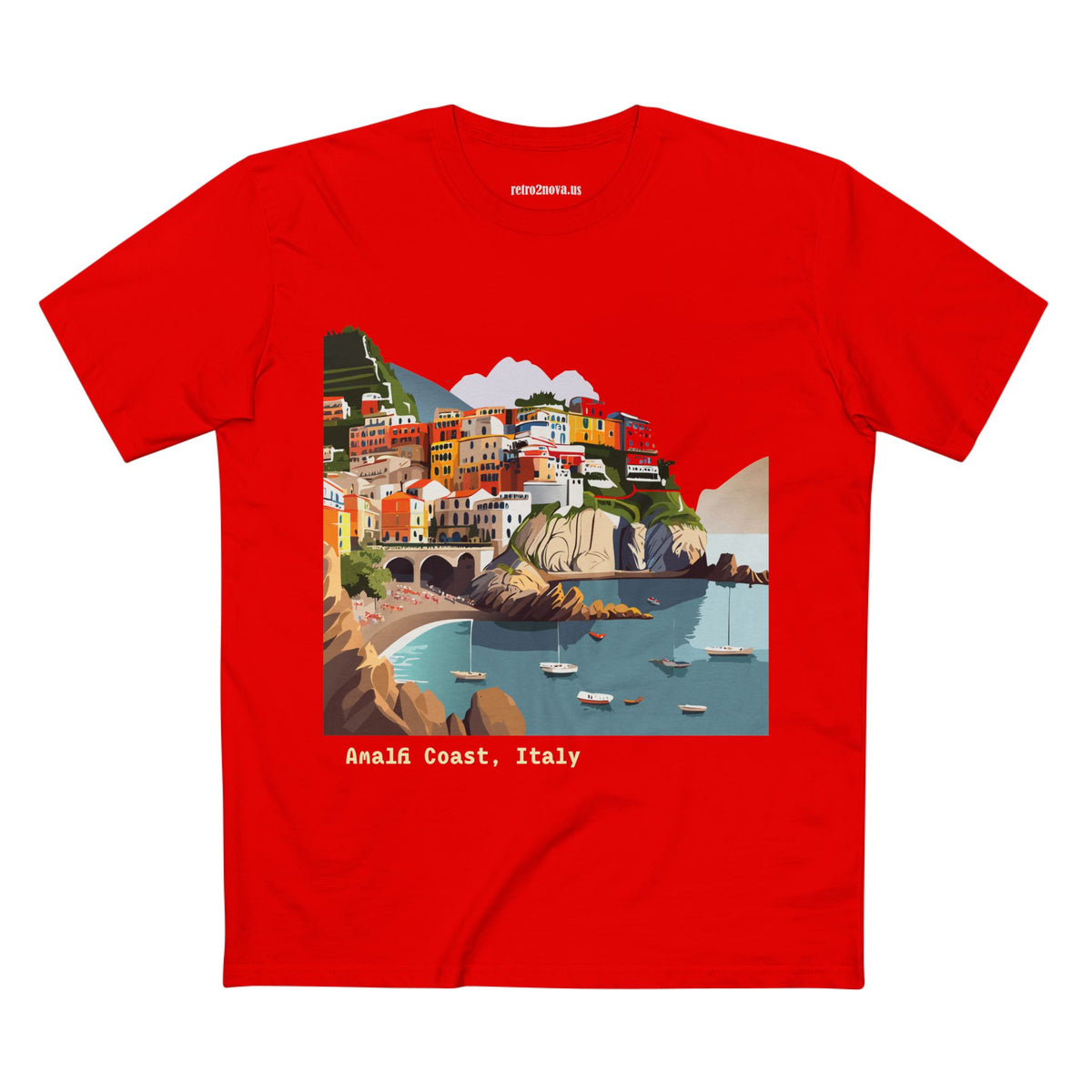 Amalfi Coast Italy illustration T-Shirt | Coastal village, sailboats, seaside print