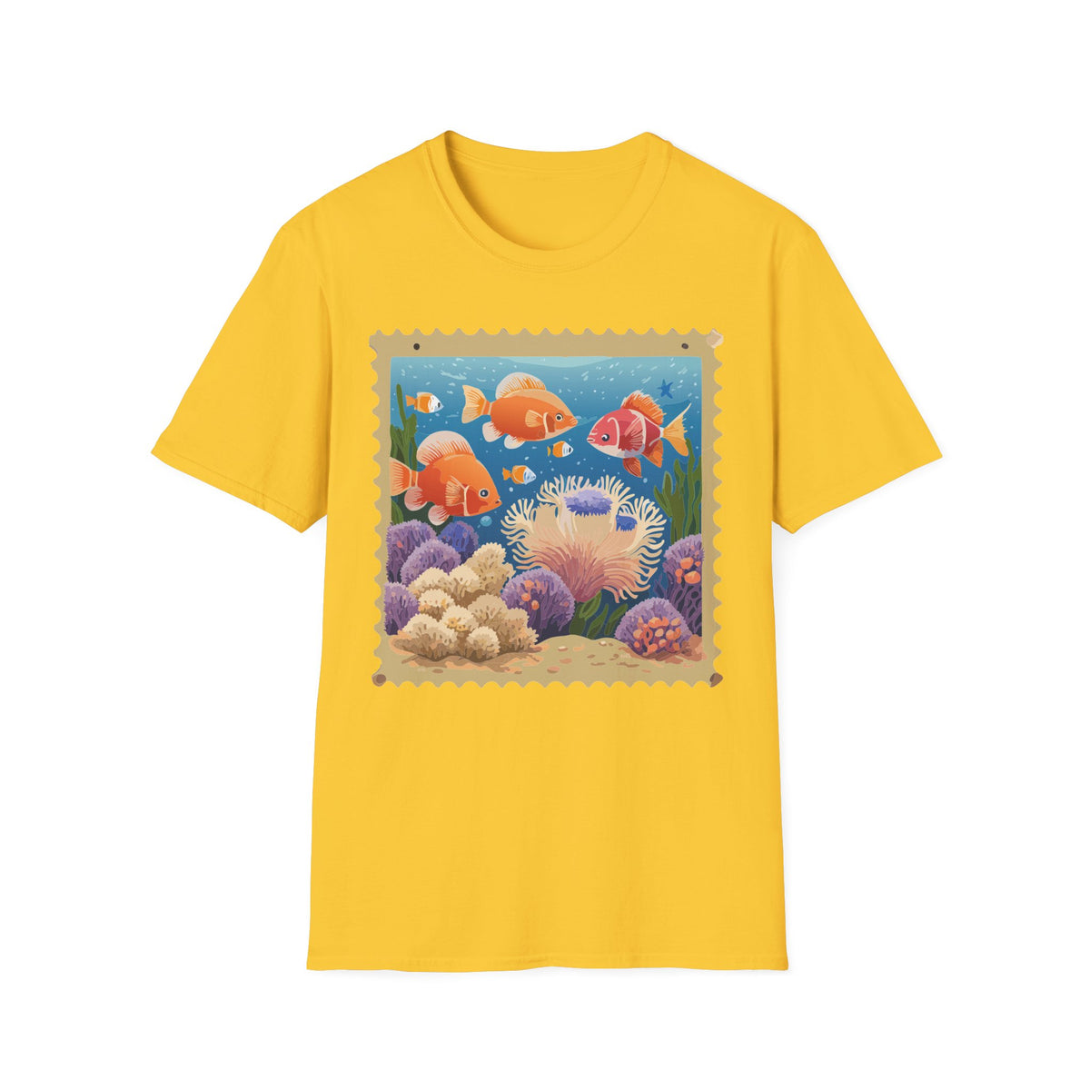 Goldfish Aquarium Illustration T-Shirt | Underwater Coral Reef Stamp Graphic Tee Unisex 100 Cotton Gildan T-Shirt