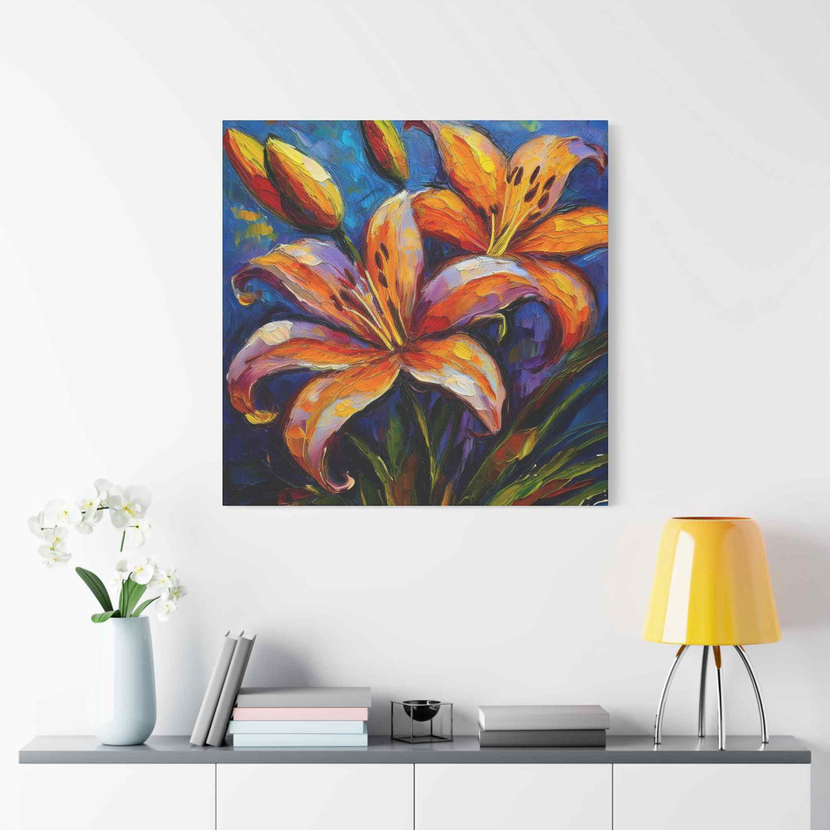 Gold Lilies Print Canvas, Floral Oil Paint Print 20x20, 24x24, 30x30, 32x32, 36x36 Art Design Pine-Wood Inner Frame MC-151