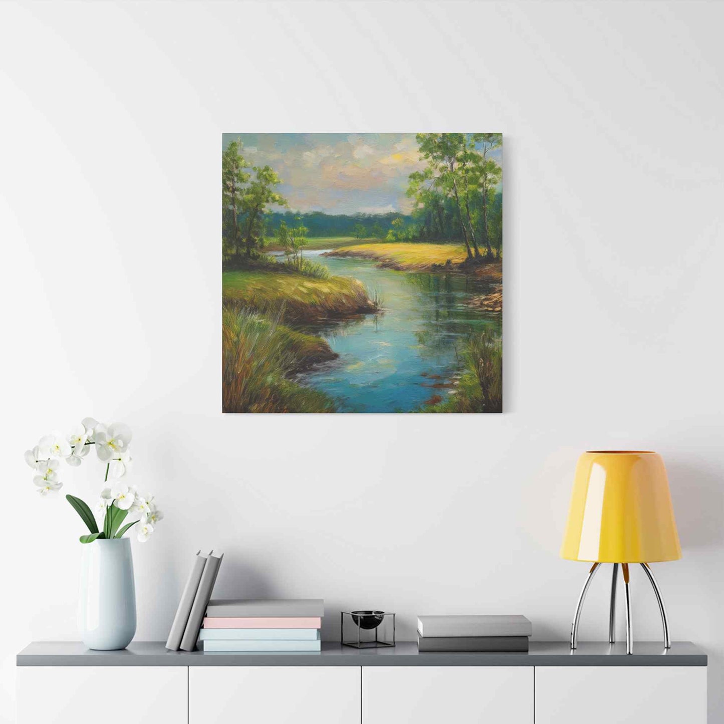 River Print Canvas, Landscape Oil Paint Print 20x20, 24x24, 30x30, 32x32, 36x36 Art Design Print Pine-Wood Inner Frame MC-55