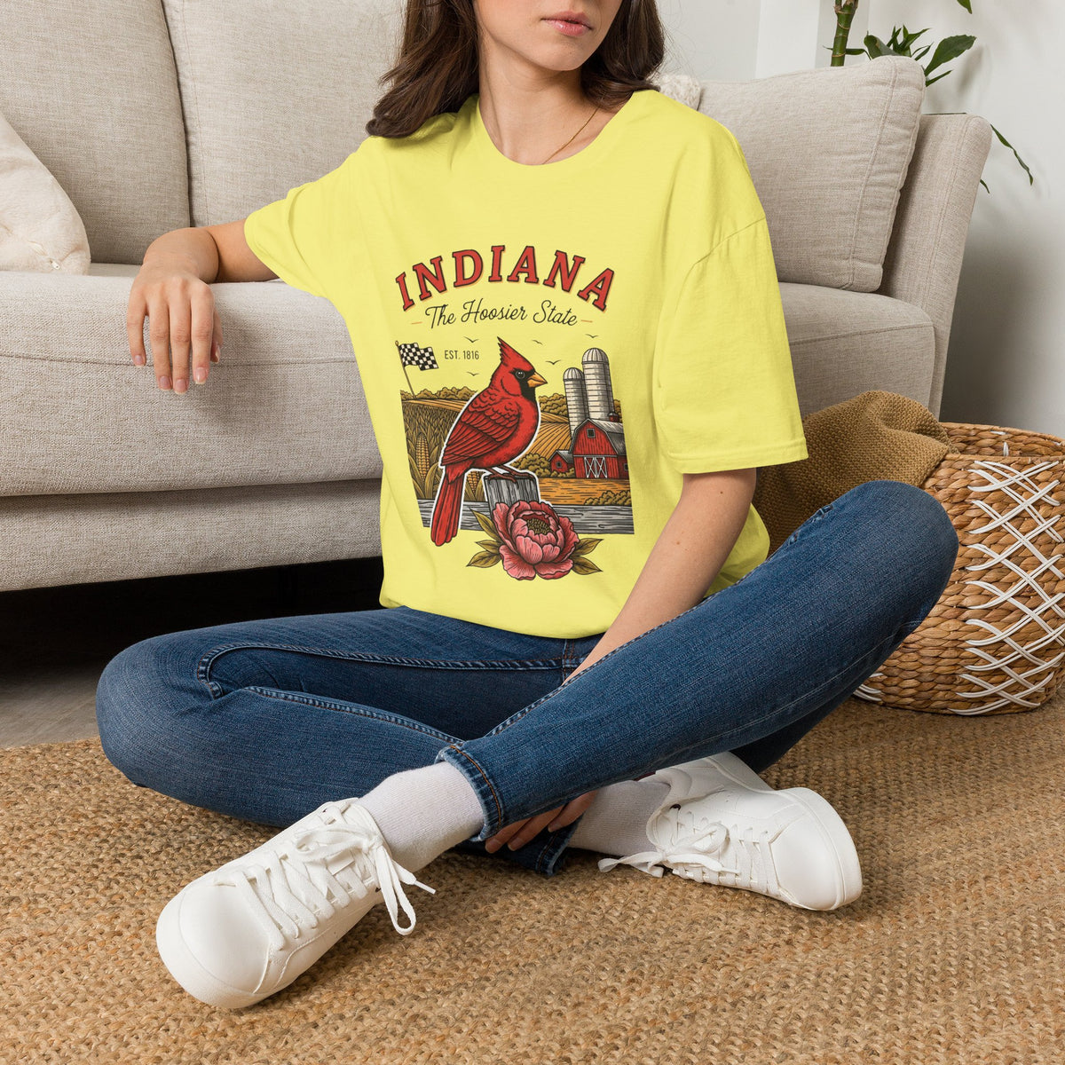 Indiana Cardinal Bird Farm Tee — Indiana The Hoosier State Graphic Travel Tourist Graphic Design Unisex 100 Cotton Gildan T-Shirt