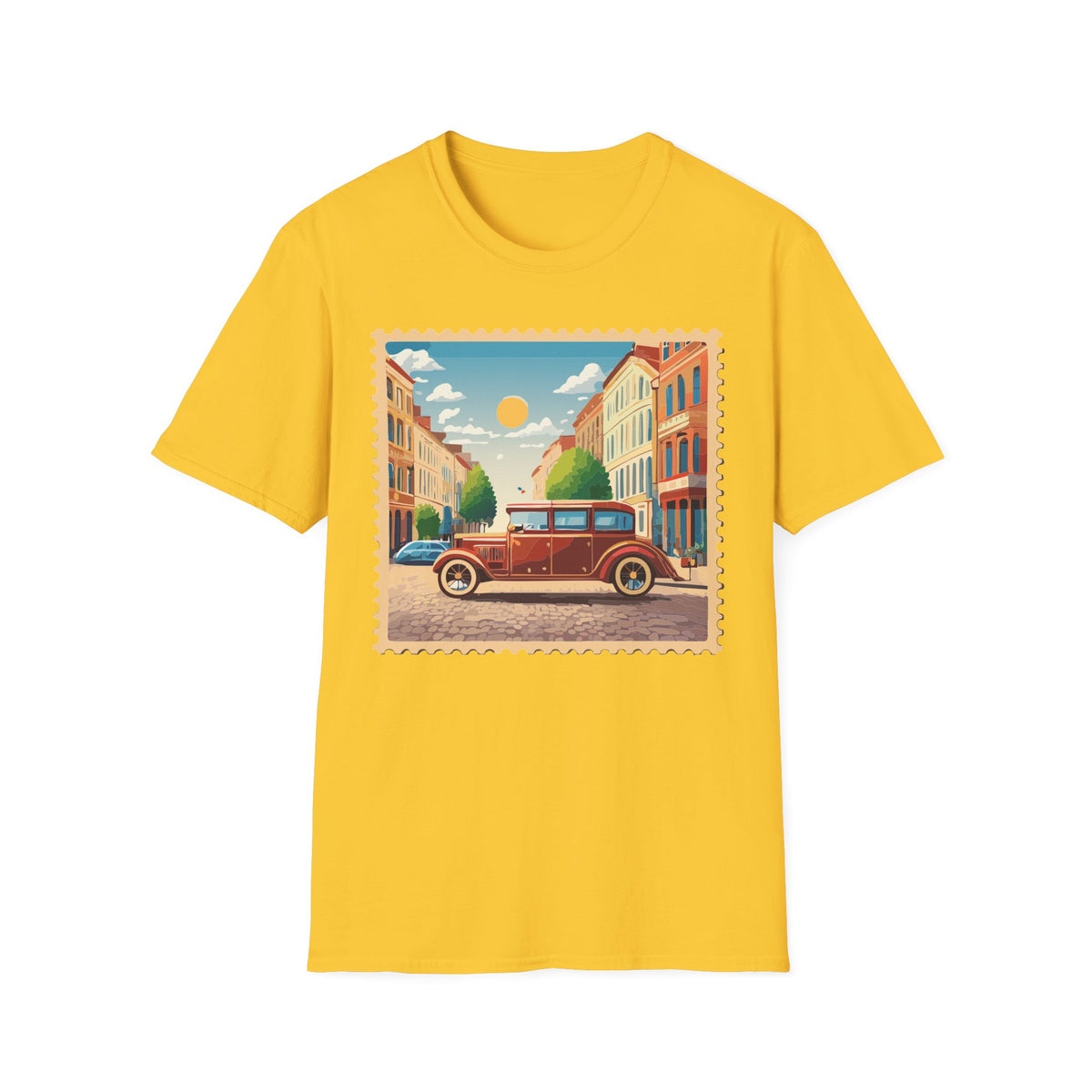 Vintage City Street Illustration T-Shirt | Retro Car, Sunny Urban Graphic Tee Unisex 100 Cotton Gildan T-Shirt