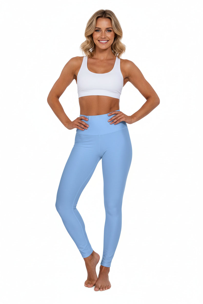 High-Waisted Miranda Blue Yoga Leggings Women's Seamless Poly-Span Stretchy Sky Blue Activewear for Pilates