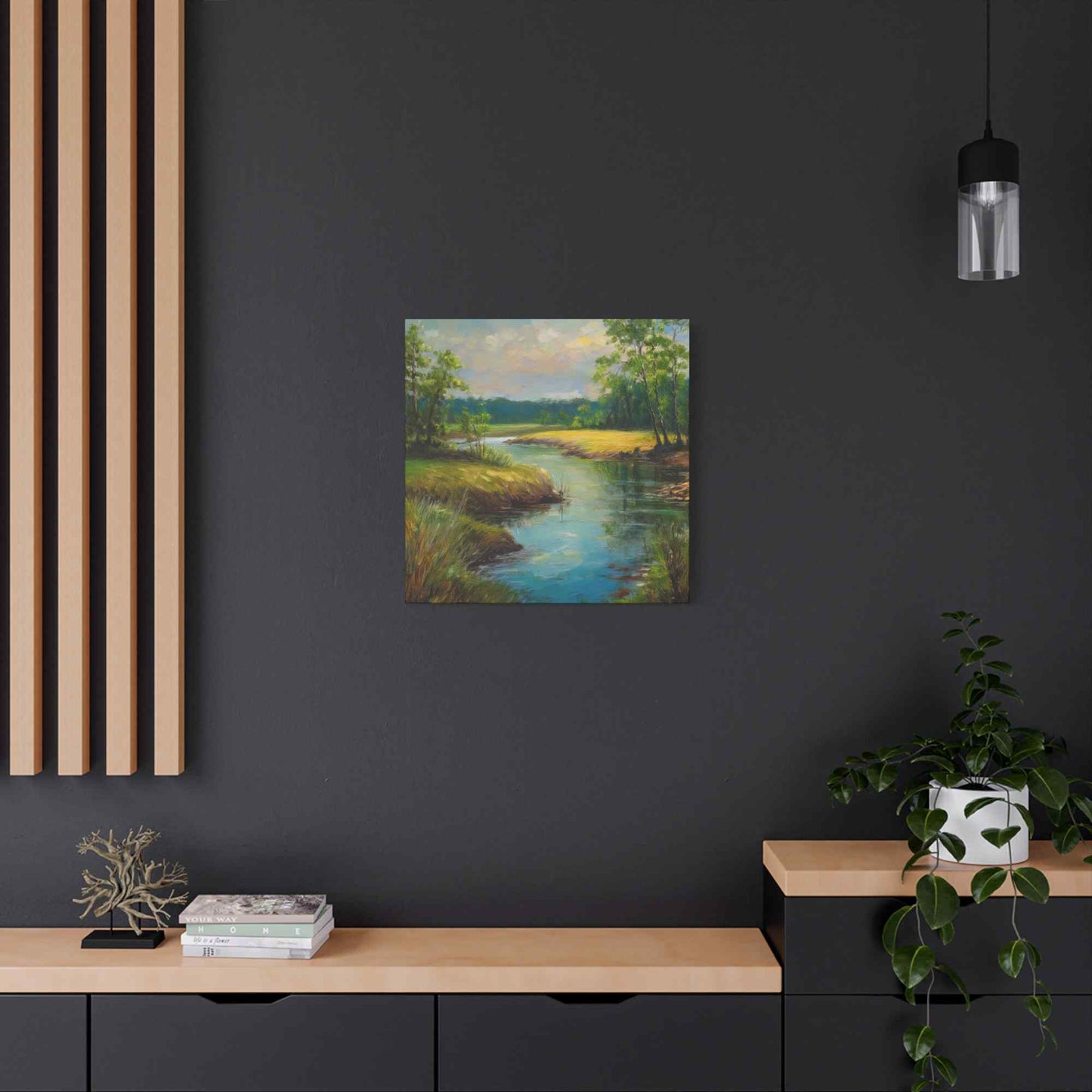 River Print Canvas, Landscape Oil Paint Print 20x20, 24x24, 30x30, 32x32, 36x36 Art Design Print Pine-Wood Inner Frame MC-55