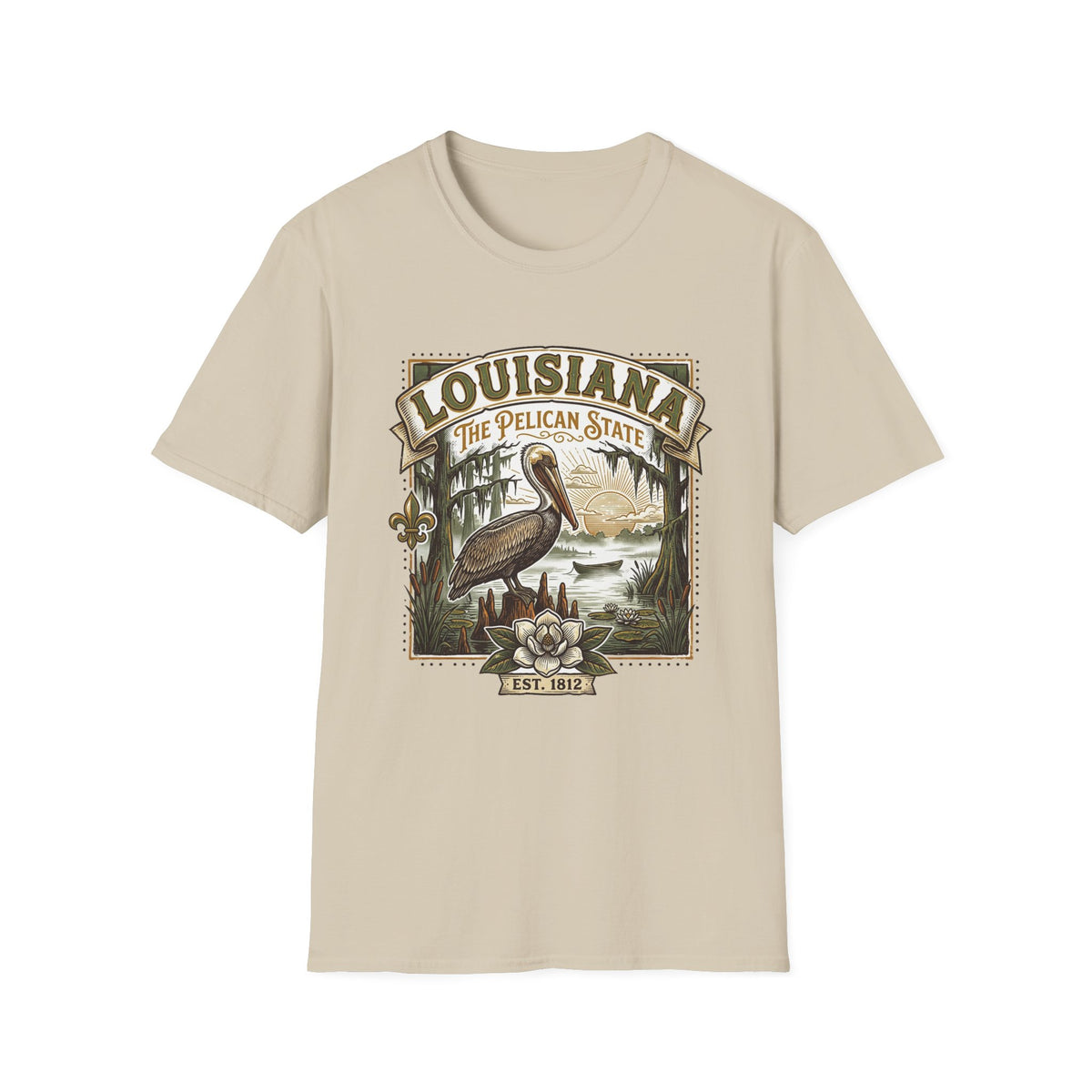 Louisiana Pelican State T-Shirt – Vintage Travel Tourist Graphic Design Unisex 100 Cotton Gildan T-Shirt