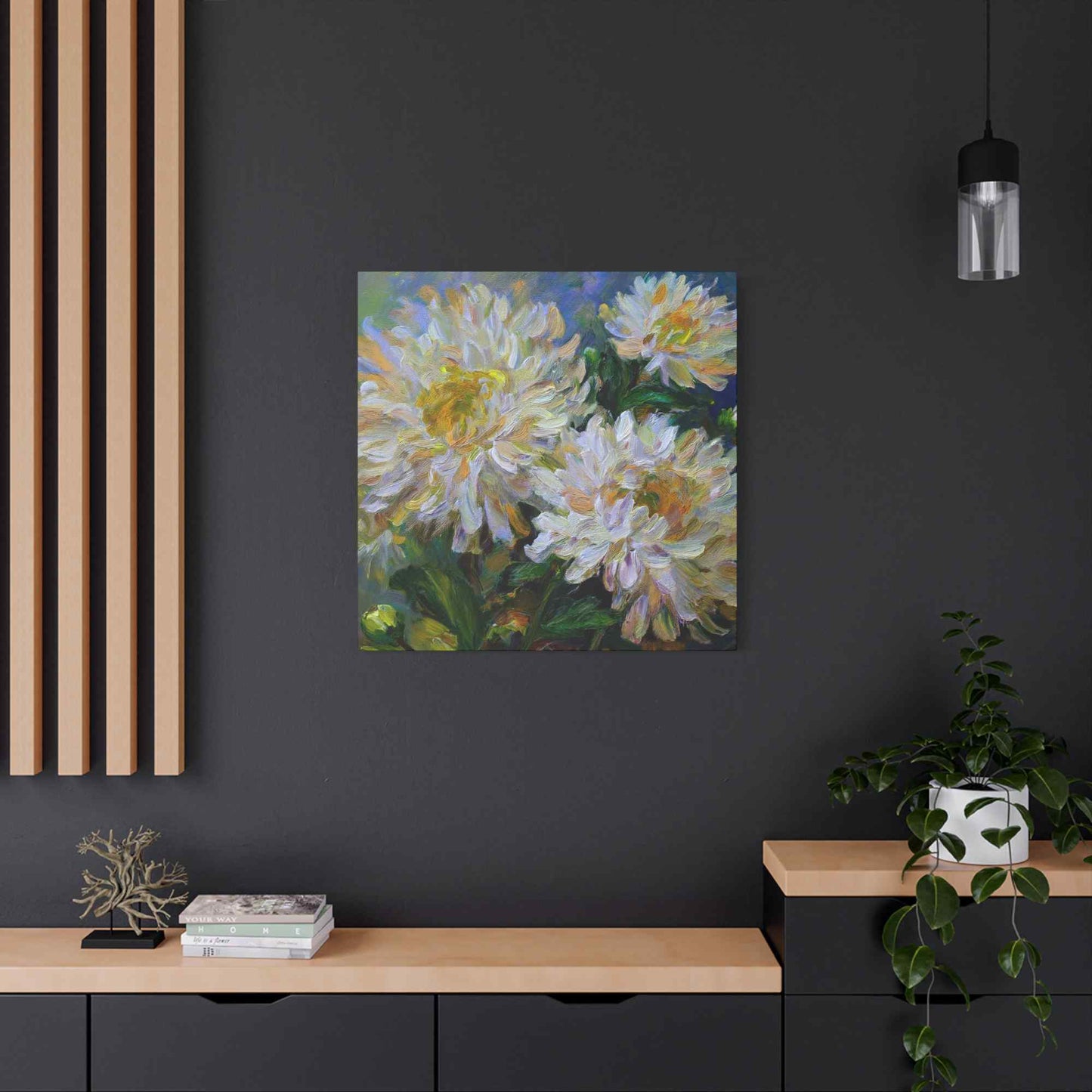 Chrysanthemums Print Canvas, Floral Oil Paint Print 20x20, 24x24, 30x30, 32x32, 36x36 Art Design Pine-Wood Inner Frame MC-160