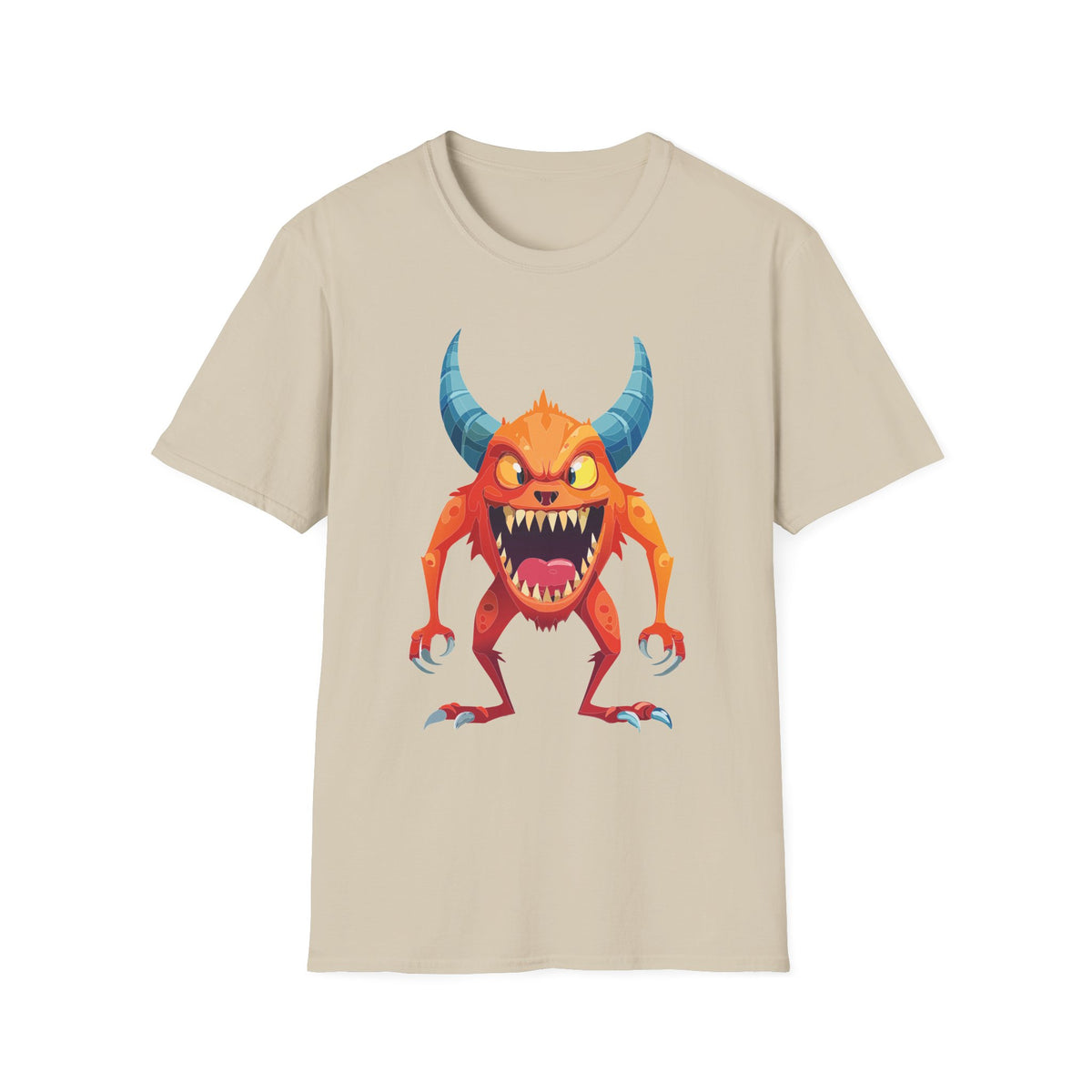 Orange Horned Monster T-Shirt — Cute Scary Cartoon Tee for Kids & Halloween Cartoon Graphic Tee Unisex 100 Cotton Gildan T-Shirt