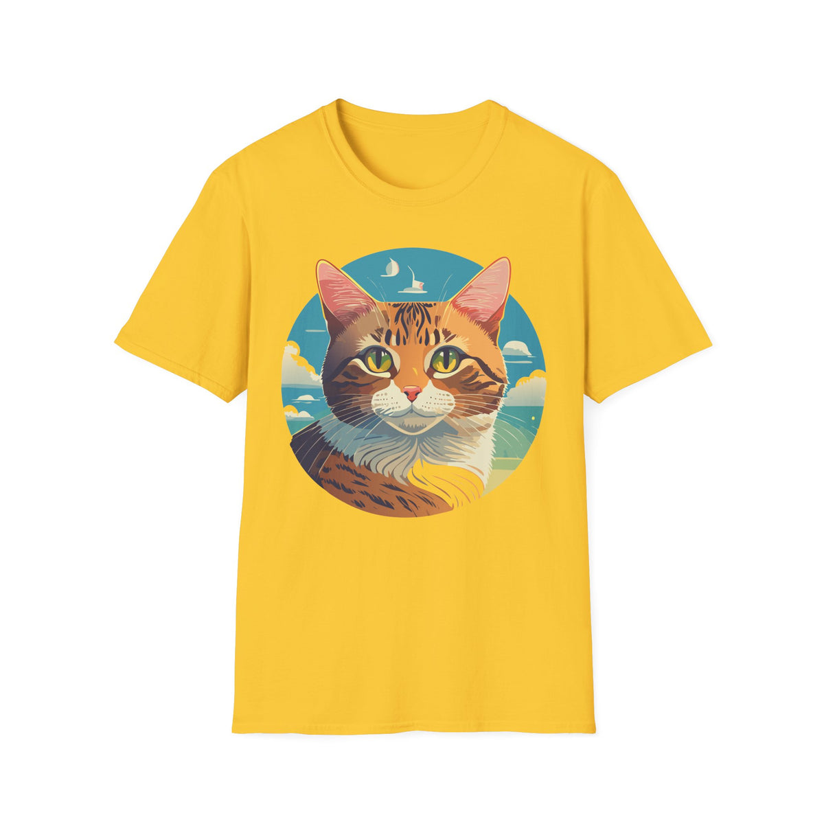 Sunset Tabby Cat T-Shirt | Cat Portrait Tee, Beach Sky Illustration