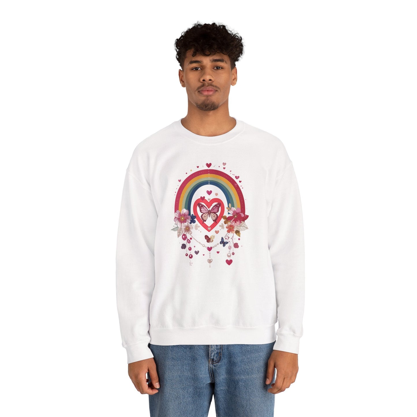 Rainbow Heart Floral Unisex Sweatshirt Crewneck Love Valentine's Day Graphic Gildan 18000