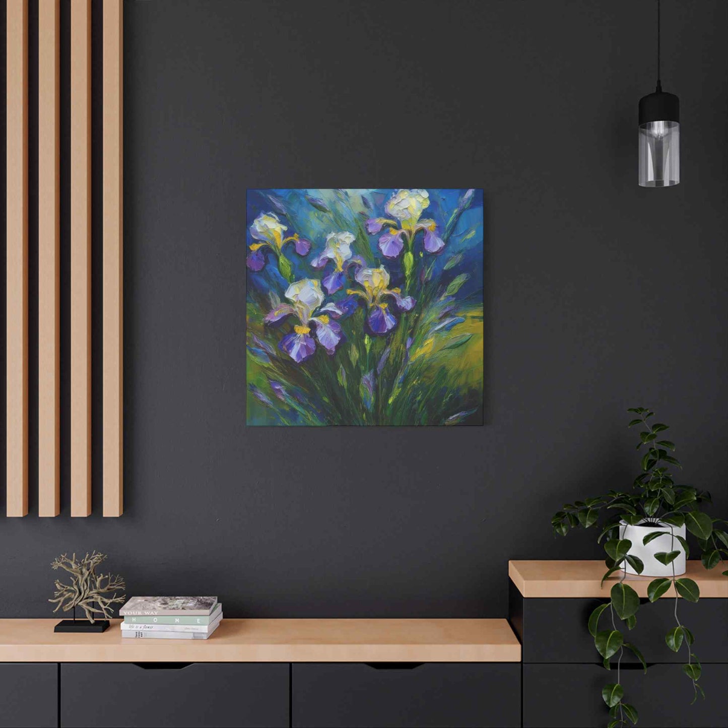 Irises Floral Print Canvas, Floral Oil Paint Print 20x20, 24x24, 30x30, 32x32, 36x36 Art Design Pine-Wood Inner Frame MC-185