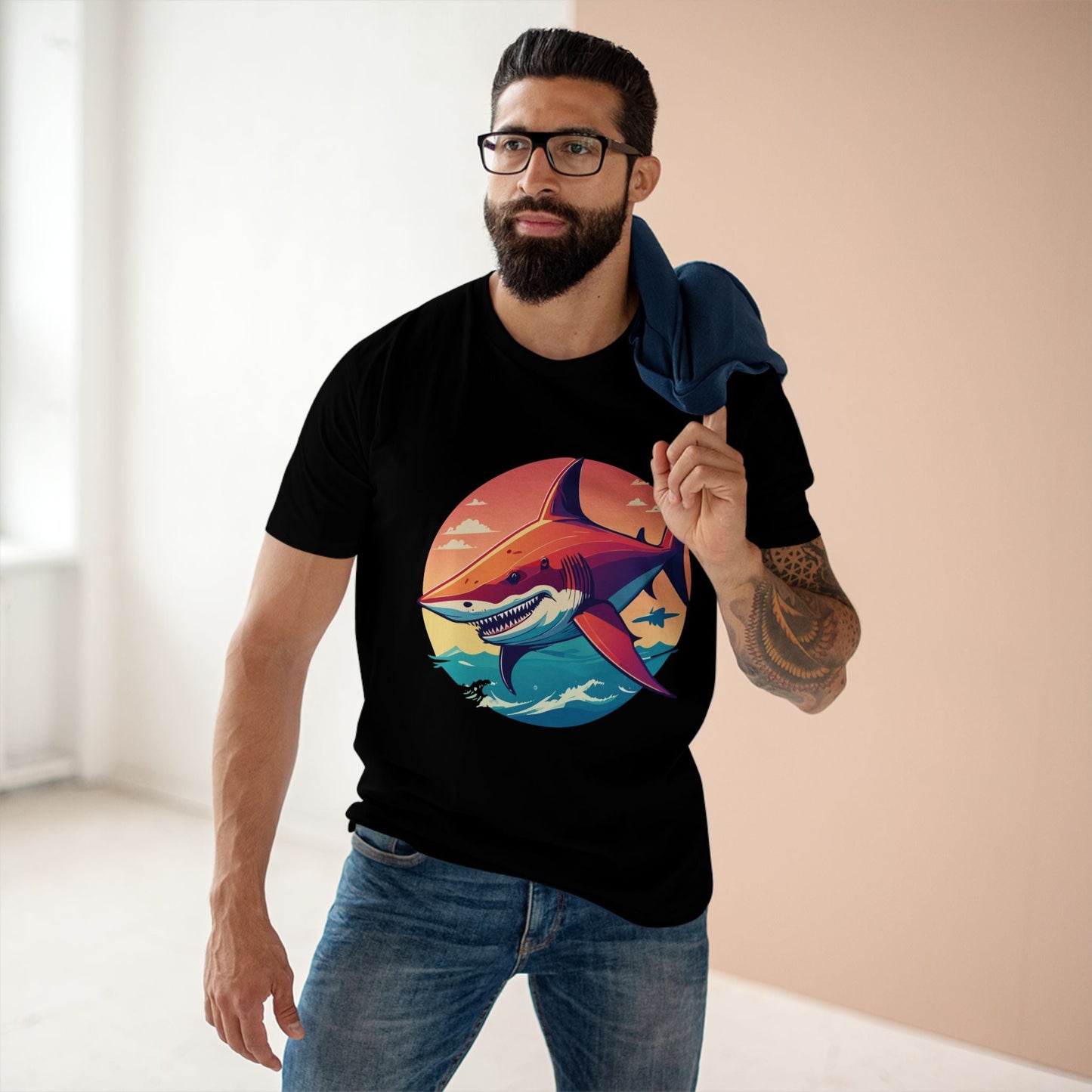 Unisex Premium Cotton Staple Tee With Original Art Shark Shirt From Retro2Nova Art Collection Soft Breathable Comfort