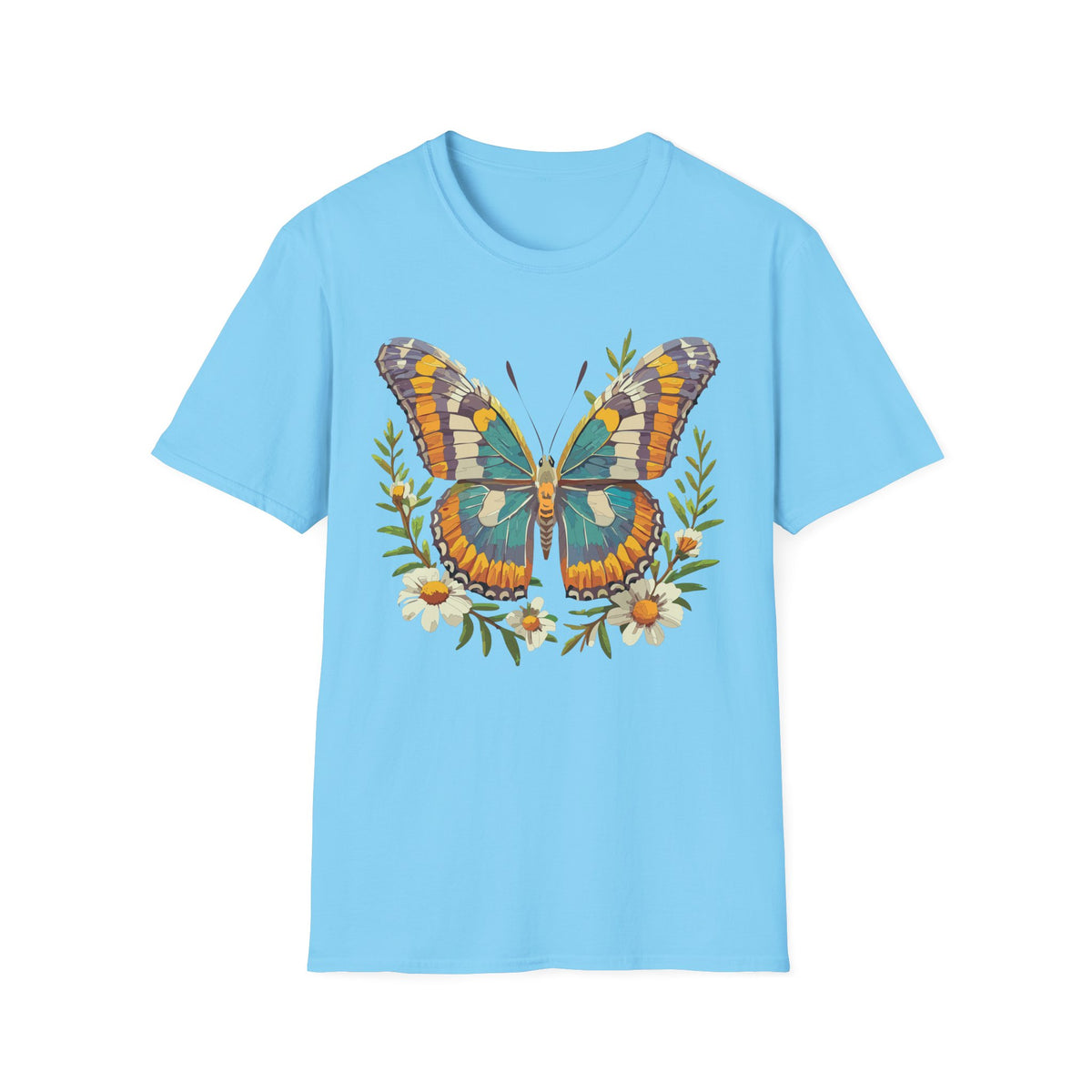 Teal Orange Butterfly T-Shirt | Floral Butterfly Illustration Graphic Tee Unisex 100 Cotton Gildan T-Shirt