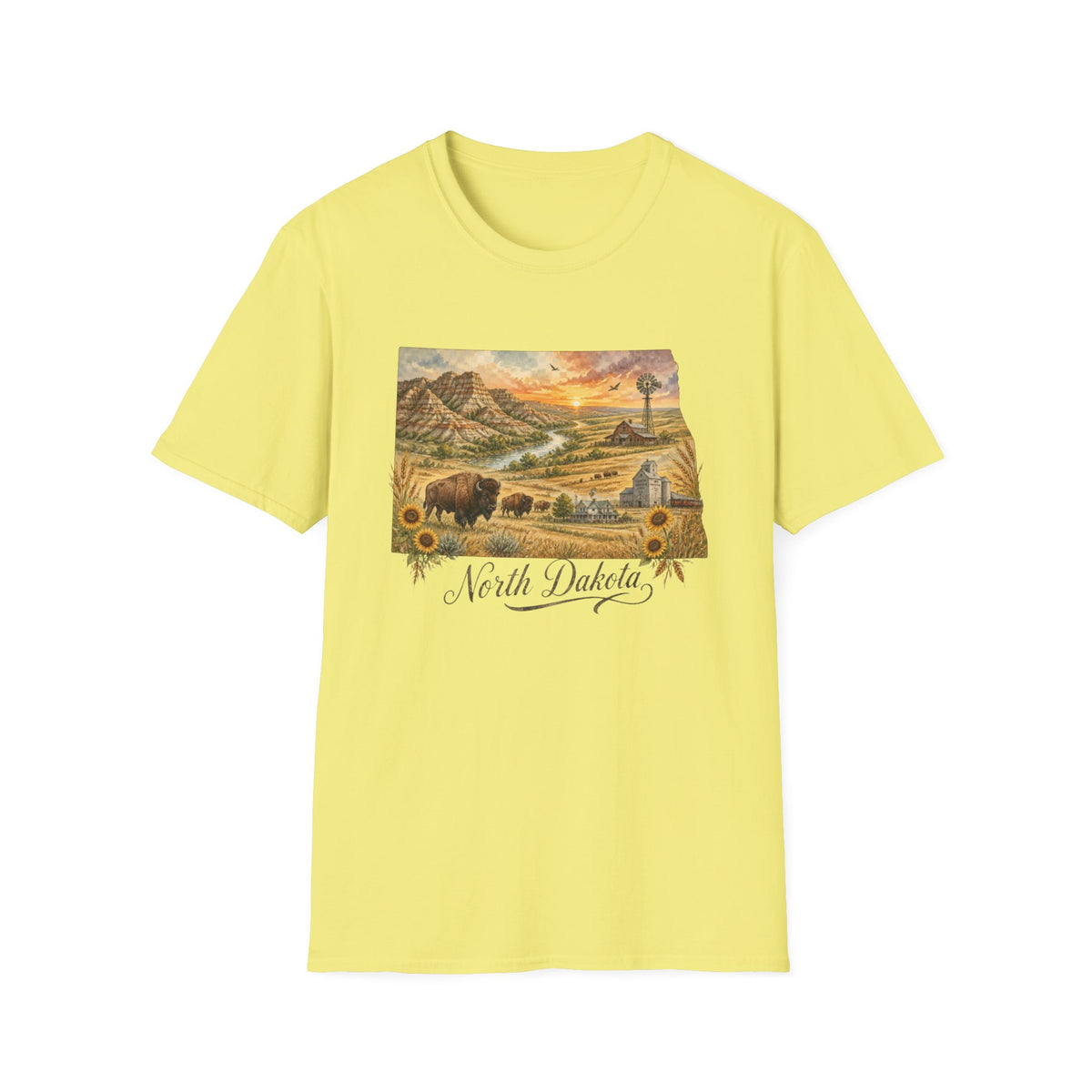 North Dakota State Travel Tourist Graphic Design Unisex 100 Cotton Gildan T-Shirt