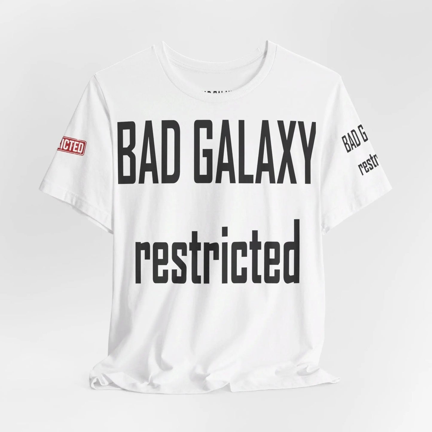 Bad Galaxy Tee Shirt With Red Stamp 100 Percent Cotton Made In USA Eco Friendly Inks