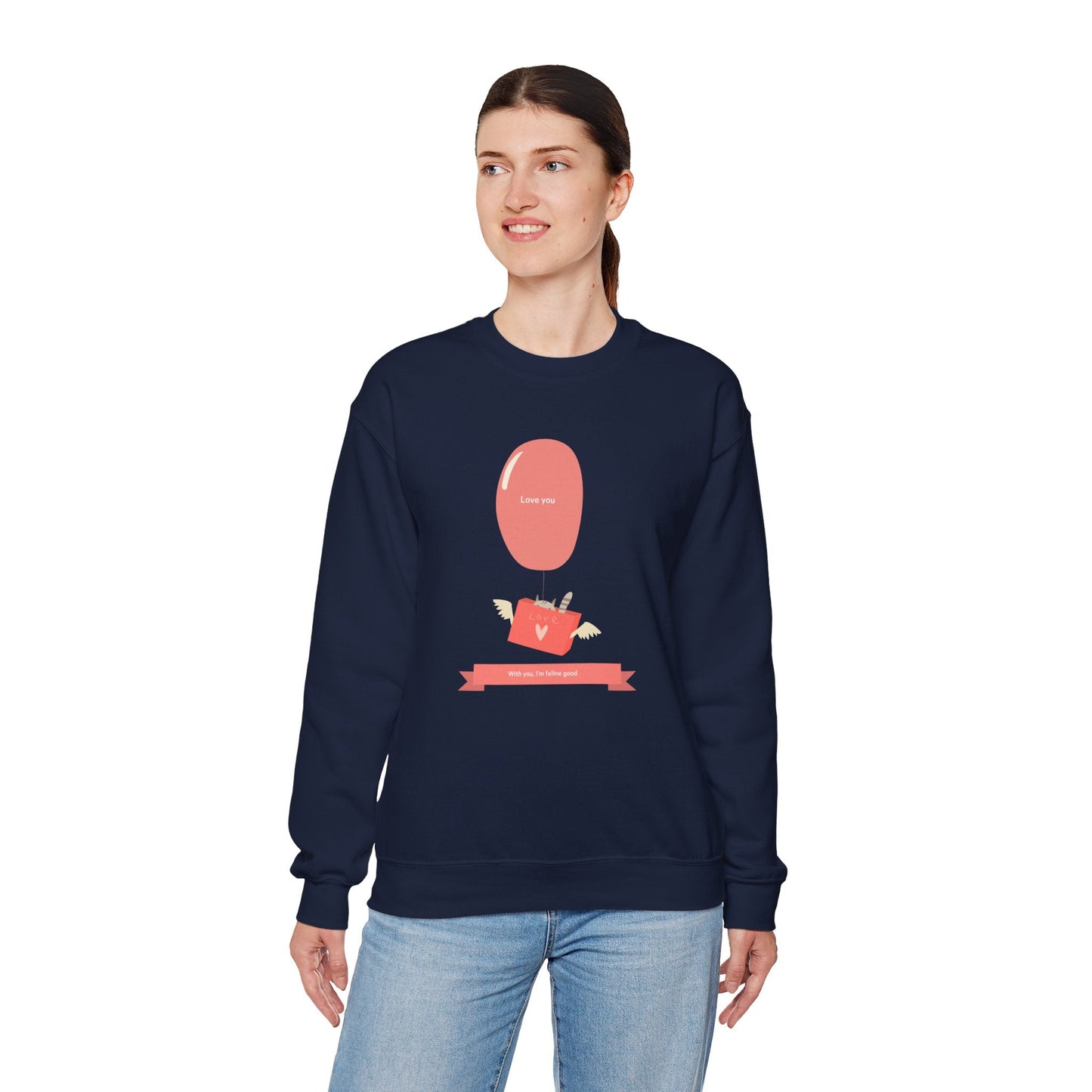 Cat Love Balloon Sweatshirt Unisex Fifty Fifty Cotton Poly Valentine Heavy Blend Crewneck Sweatshirt
