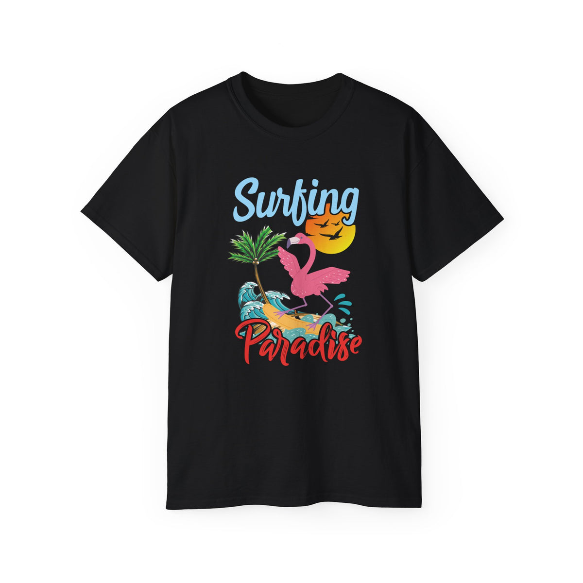 Surfing Paradise Flamingo Tee | Tropical Palm Sunset Surfboard