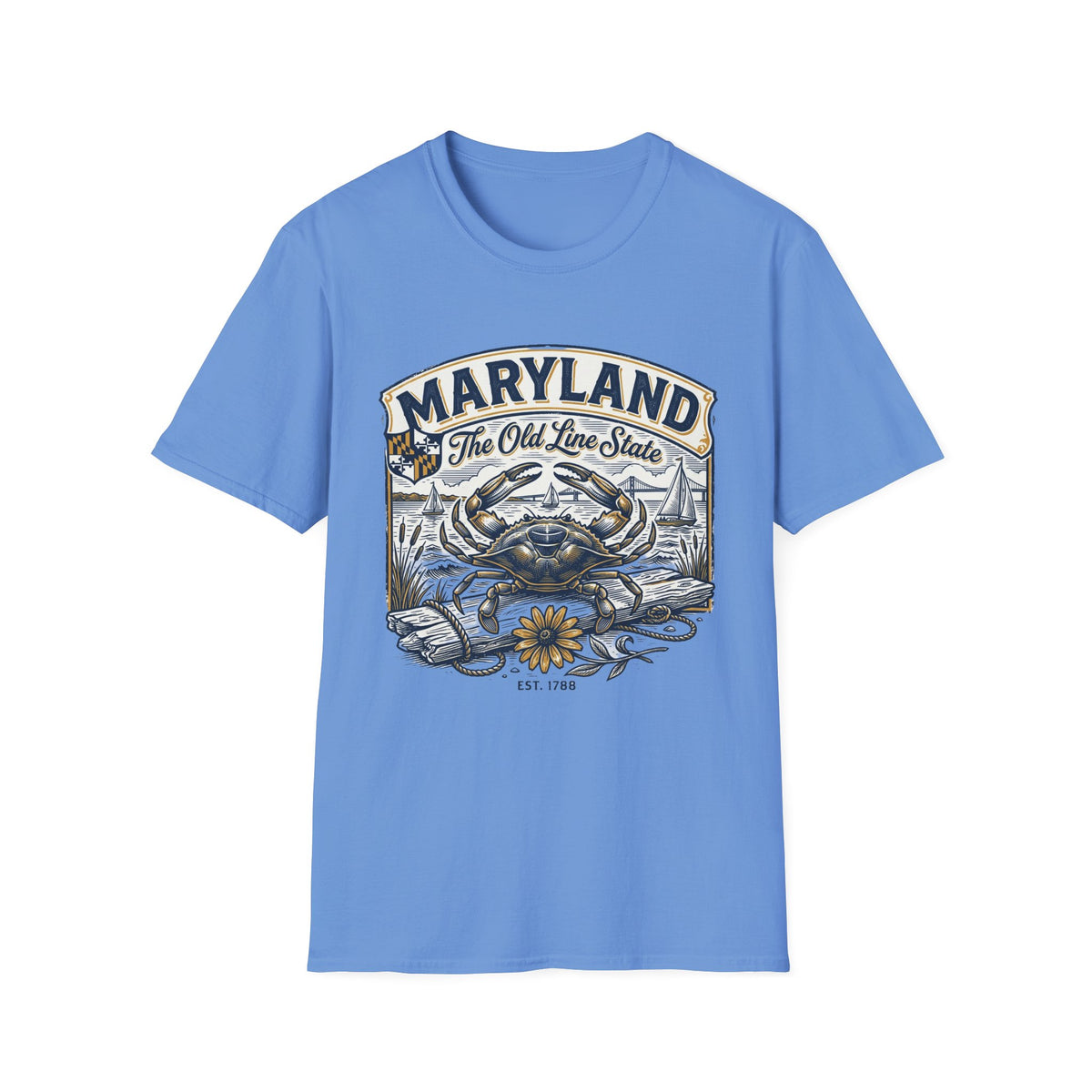 Maryland The Old Line State T-Shirt — Blue Crab Chesapeake Vintage Travel Tourist Graphic Design Unisex 100 Cotton Gildan T-Shirt