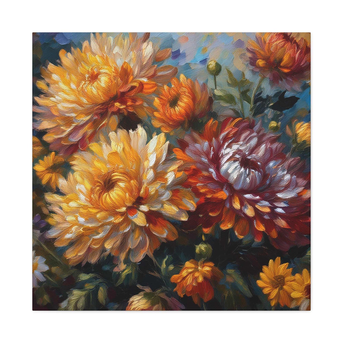 Chrysanthemums Print Canvas, Floral Oil Paint Print 20x20, 24x24, 30x30, 32x32, 36x36 Art Design Pine-Wood Inner Frame MC-157