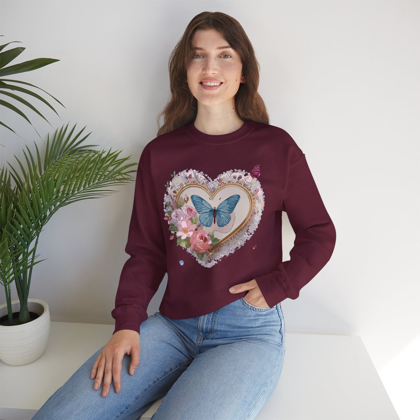 Floral Heart Unisex Crewneck Sweatshirt Valentines Floral Love Gildan 18000 Heavy Blend