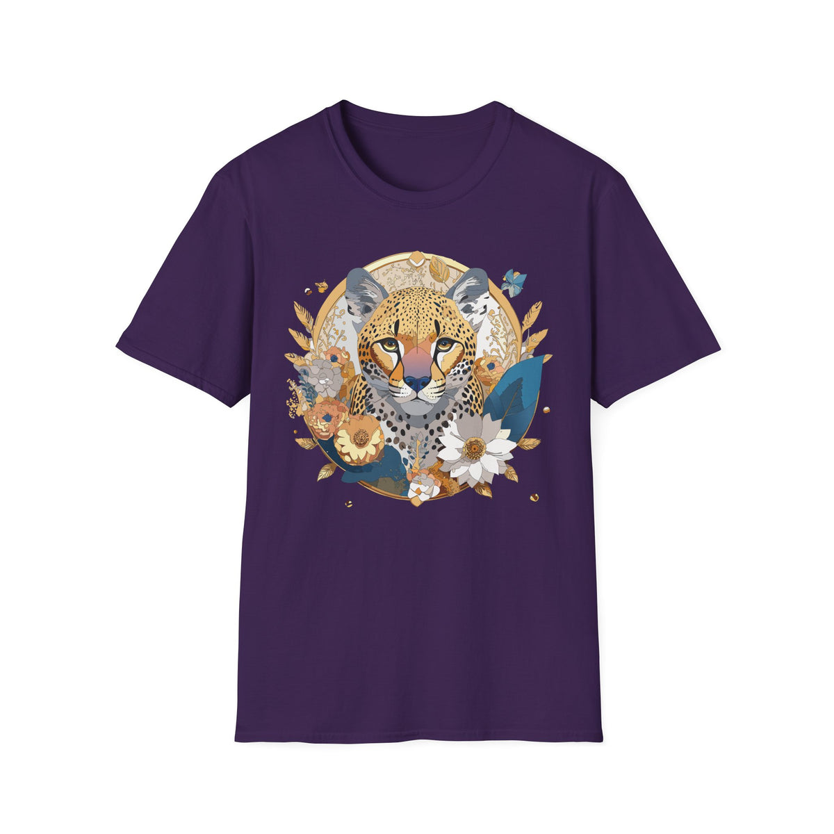 Floral Cheetah Portrait T-Shirt | Leopard Face Botanical Tee