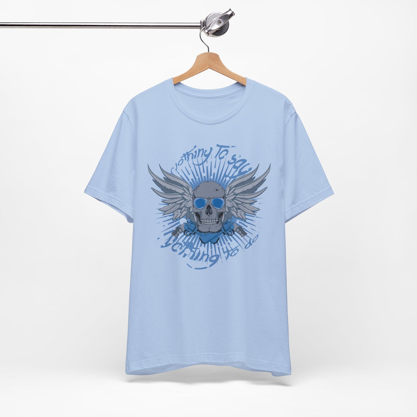 Winged Skull Graphic Tee | Blue Skull with Wings, Radiant Burst