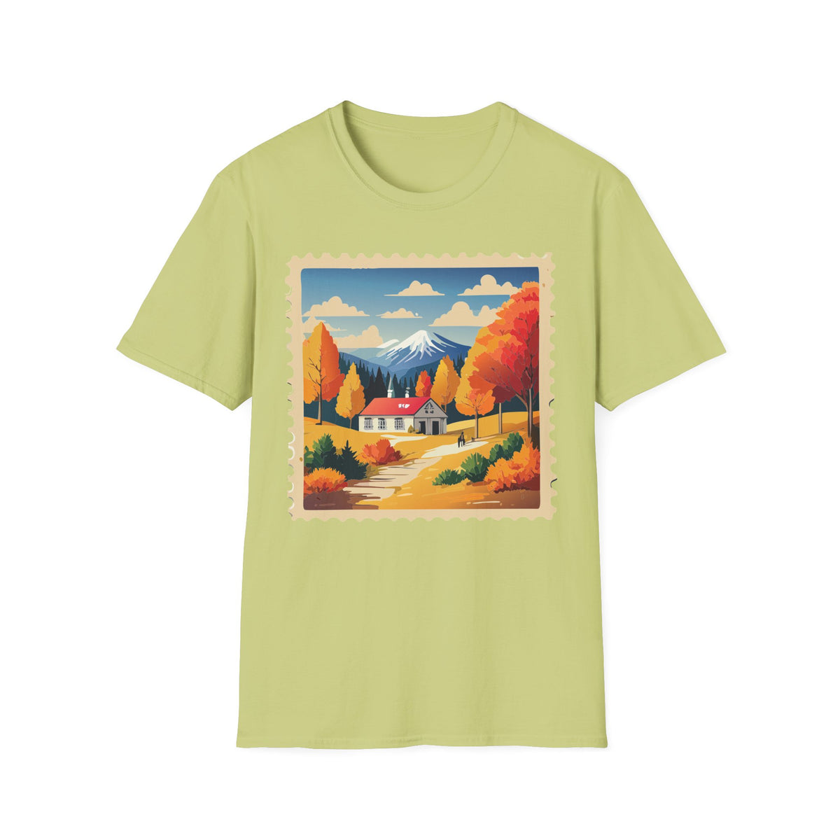 Autumn Mountain Cabin T-Shirt | Fall Landscape Stamp Art