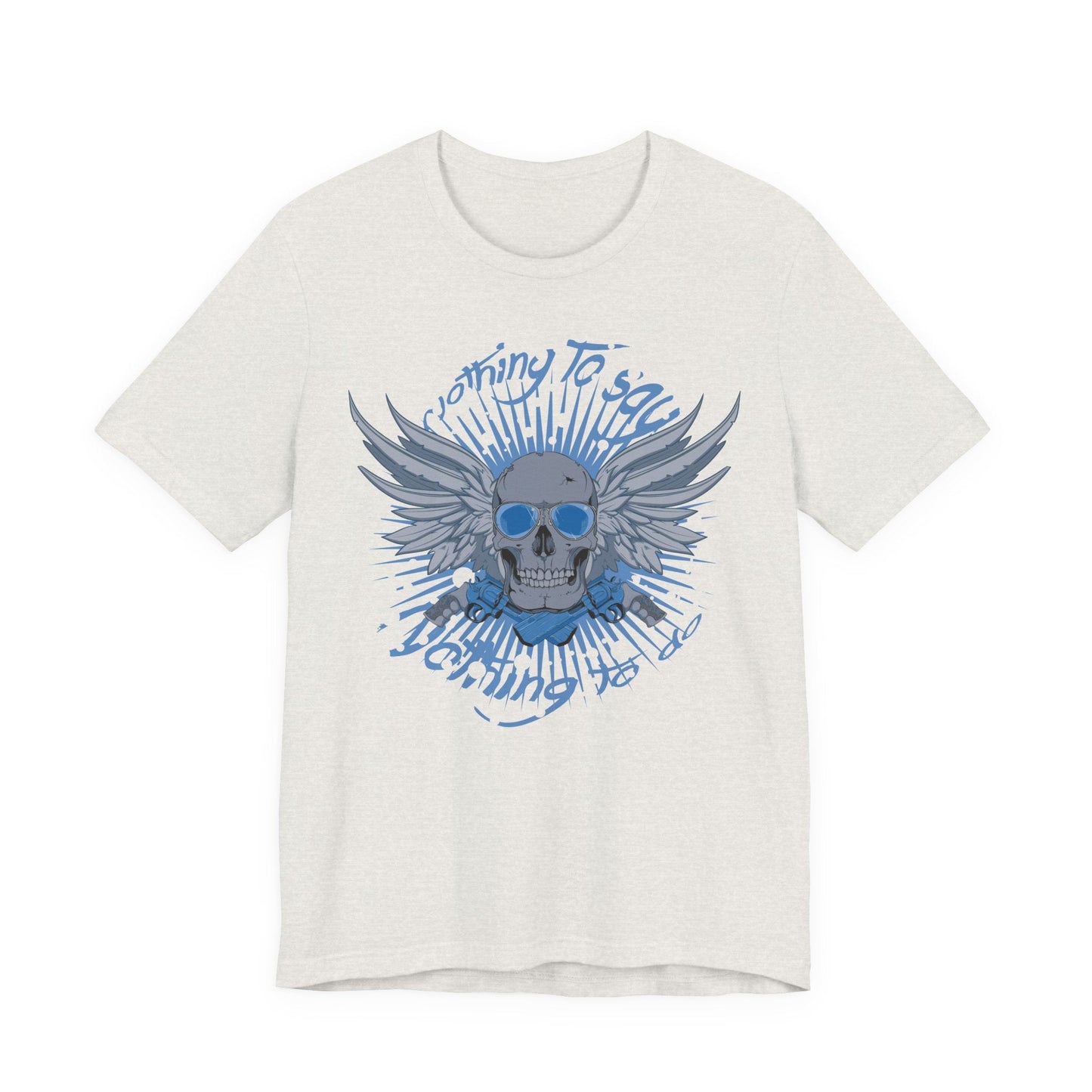 Winged Skull Graphic Tee | Blue Skull with Wings, Radiant Burst