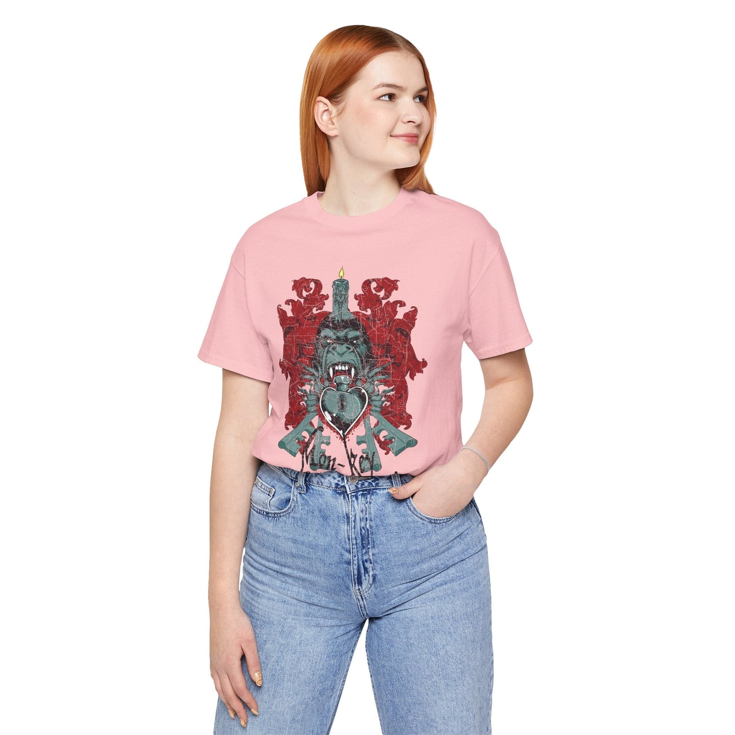 Gorilla Crest with Sword and Heart T-Shirt Heraldic Gothic Design Rock Band T-Shirt