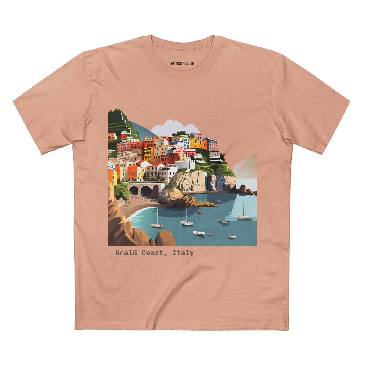 Amalfi Coast Italy illustration T-Shirt | Coastal village, sailboats, seaside print