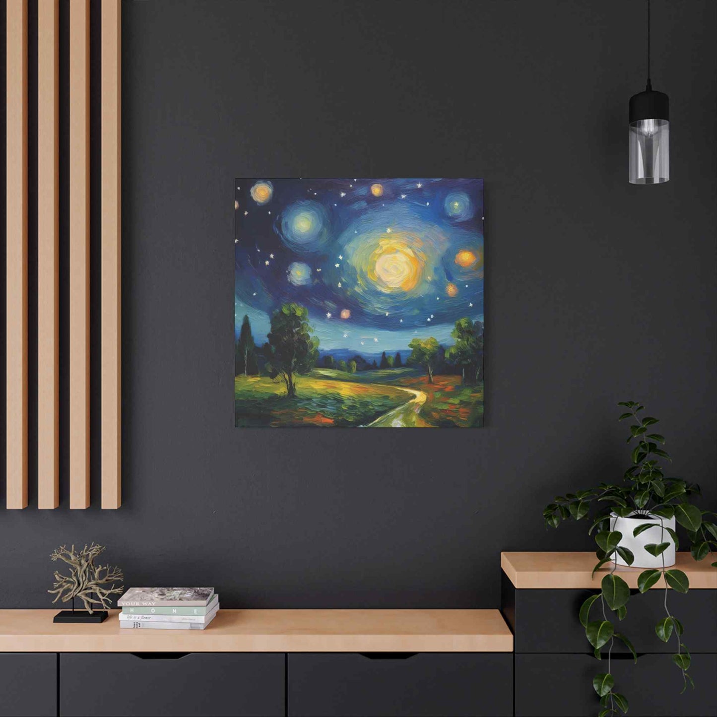 Starry Night Print Canvas, Oil Paint Print 20x20, 24x24, 30x30, 32x32, 36x36 Art Design Print Pine-Wood Inner Frame MC-40