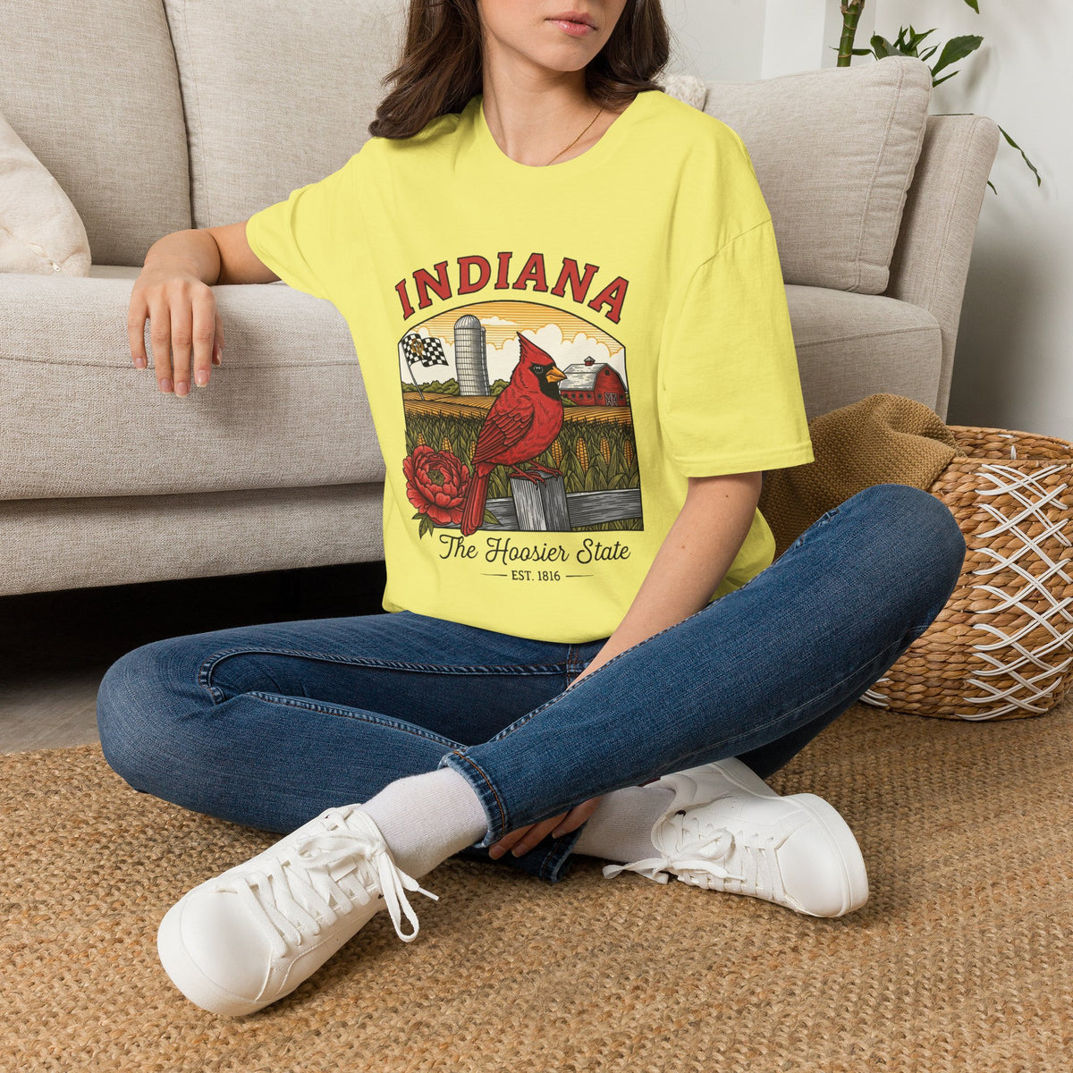 Indiana Cardinal Bird Tee — The Hoosier State Vintage Farm Design Travel Tourist Graphic Design Unisex 100 Cotton Gildan T-Shirt