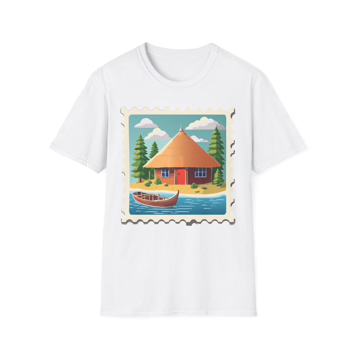 Cozy Lakeside Cottage Illustration T-Shirt | Retro Stamp Artwork