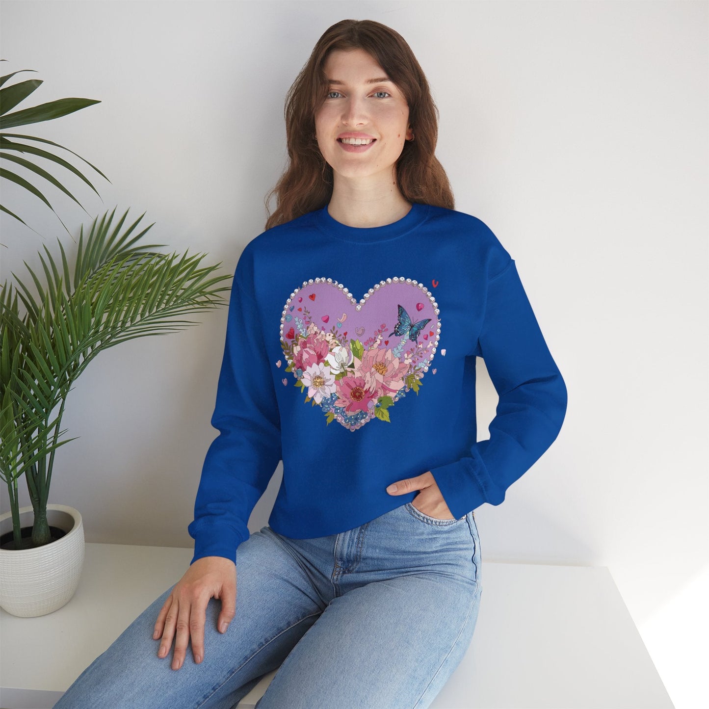 Floral Heart Sweatshirt Unisex Crewneck Valentines Day Heavy Blend Gildan 18000 Cozy Warm