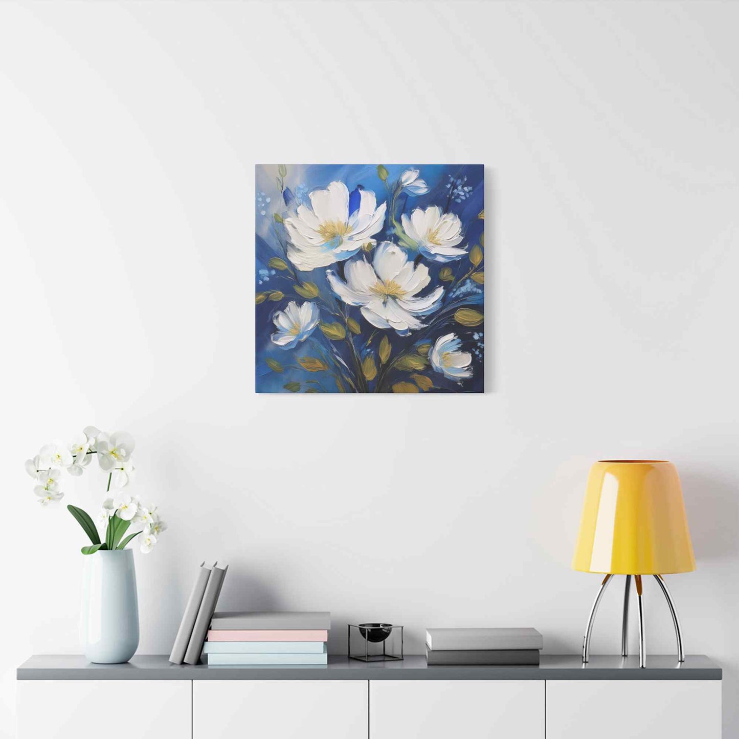White Flowers Print Canvas, White Flowers Oil Paint Print 20x20, 24x24, 30x30, 32x32, 36x36, Art Design Print Non-Frame MC-8