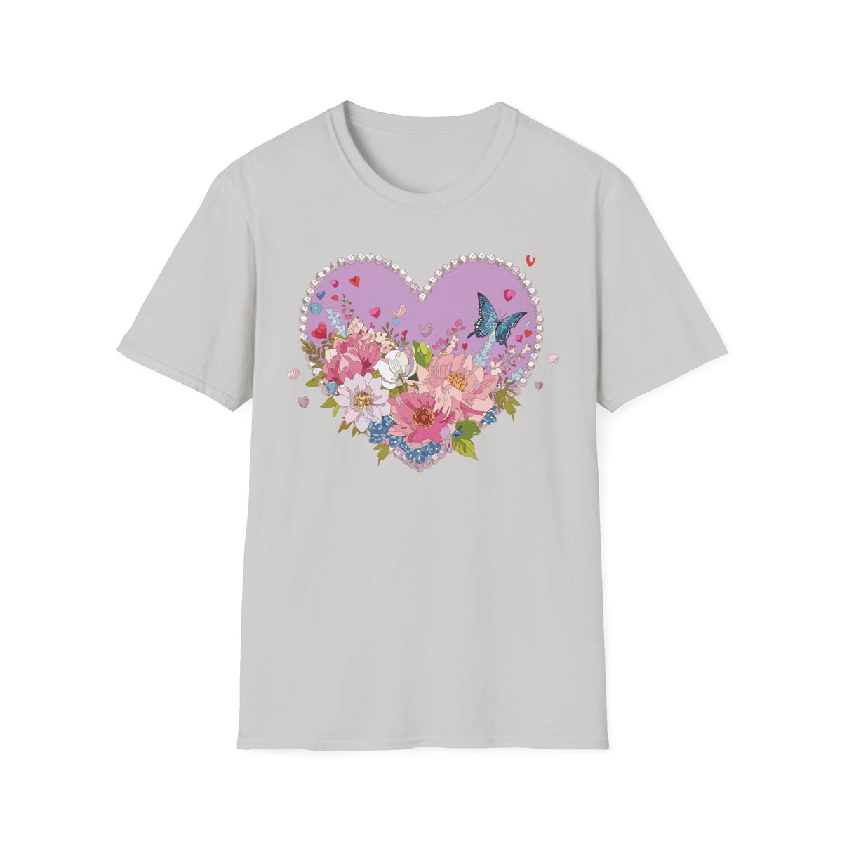Floral Heart with Butterfly T-Shirt | Pink Flower Bouquet Tee