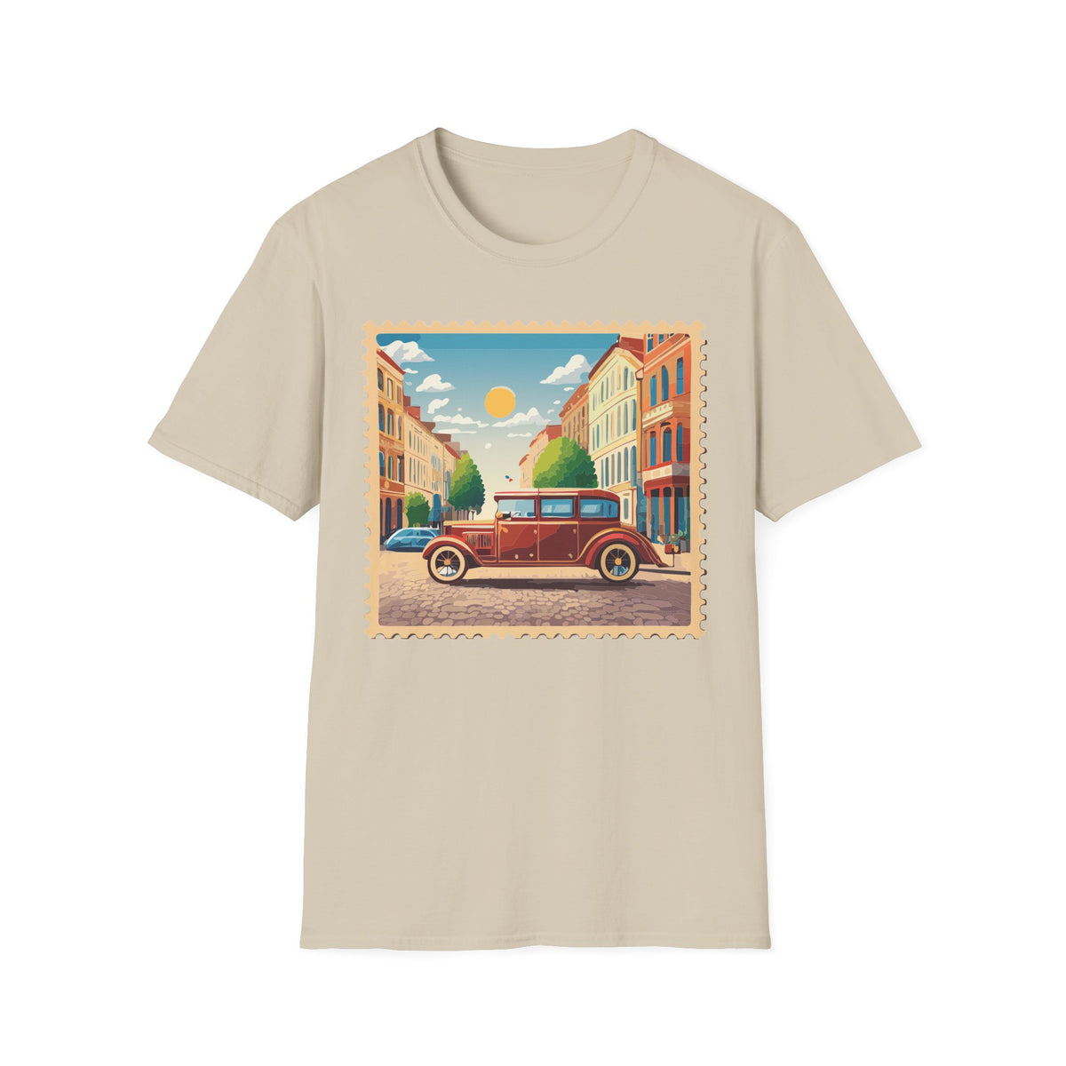 Vintage City Street Illustration T-Shirt | Retro Car, Sunny Urban Graphic Tee Unisex 100 Cotton Gildan T-Shirt