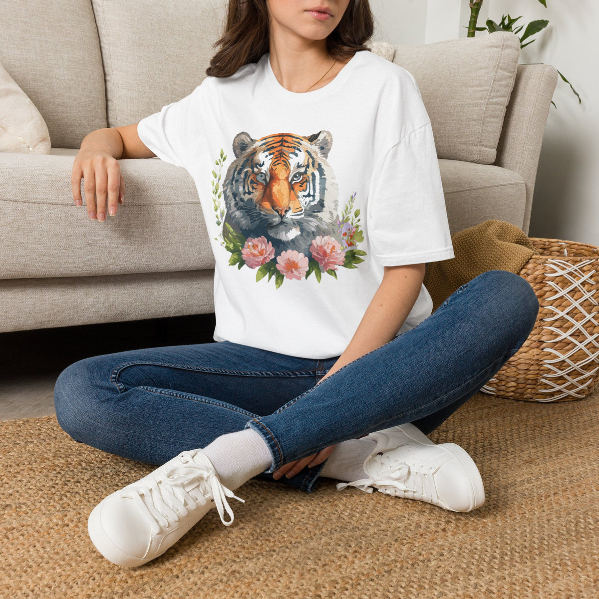 Watercolor Tiger Head T-Shirt | Floral Accents, Botanical Illustration