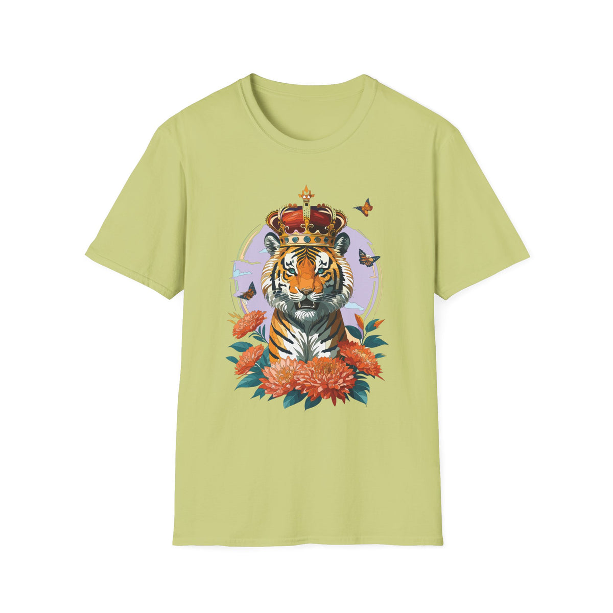 Tiger with Crown T-Shirt | Regal Tiger Artwork, Floral Accents - Unisex 100 Cotton Gildan 64000