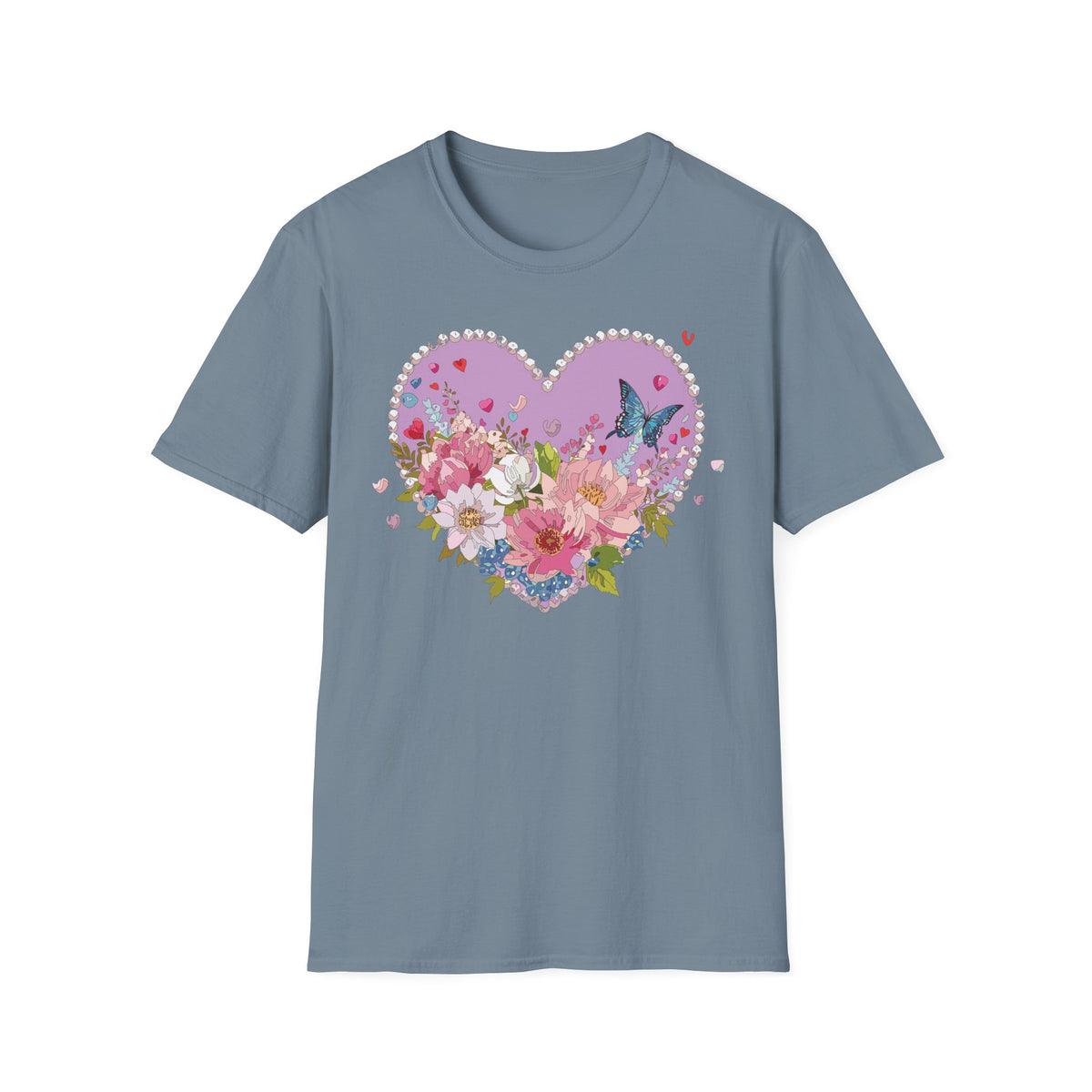 Floral Heart with Butterfly T-Shirt | Pink Flower Bouquet Tee