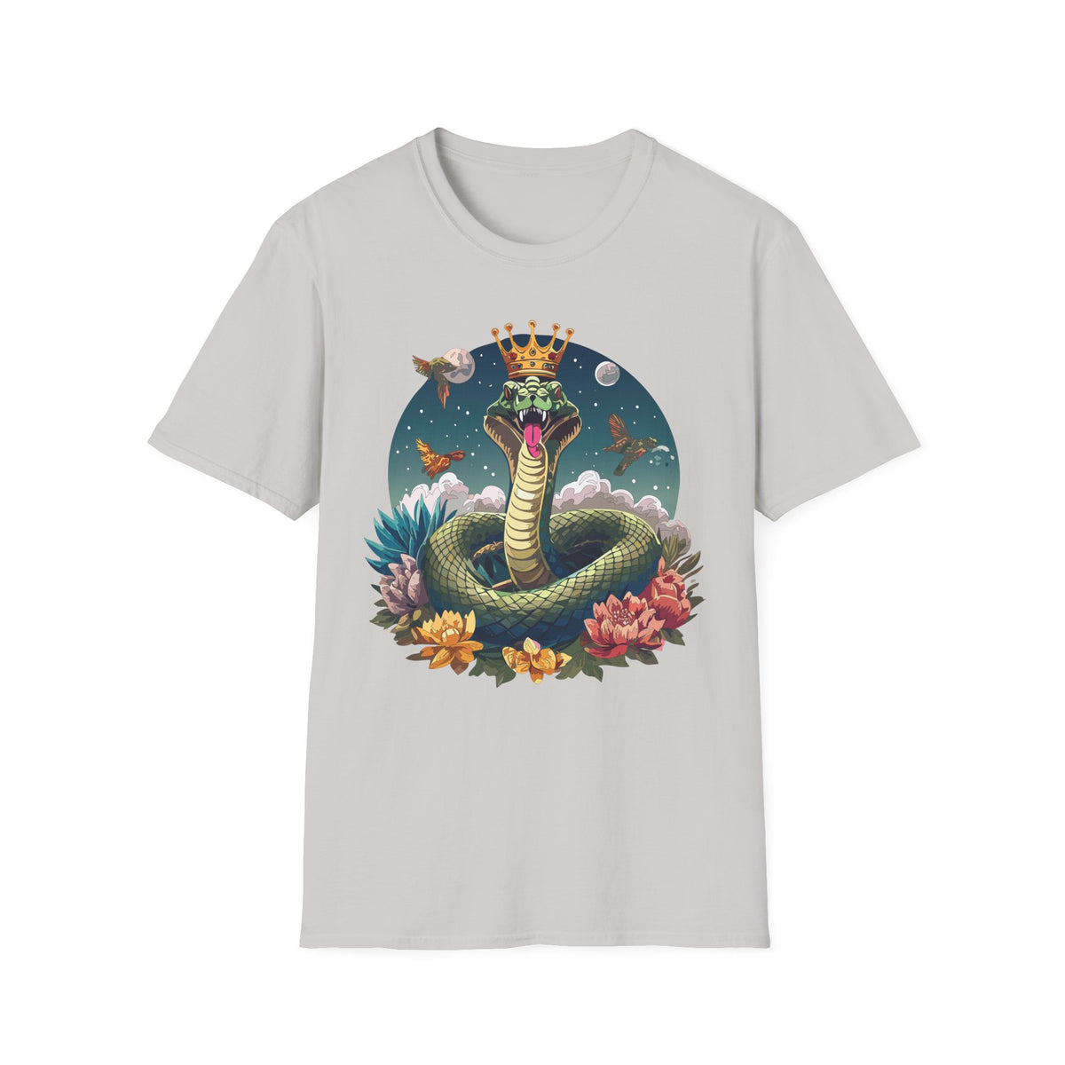 Crowned Snake Illustration T-Shirt | Regal Serpent, Floral Night Scene