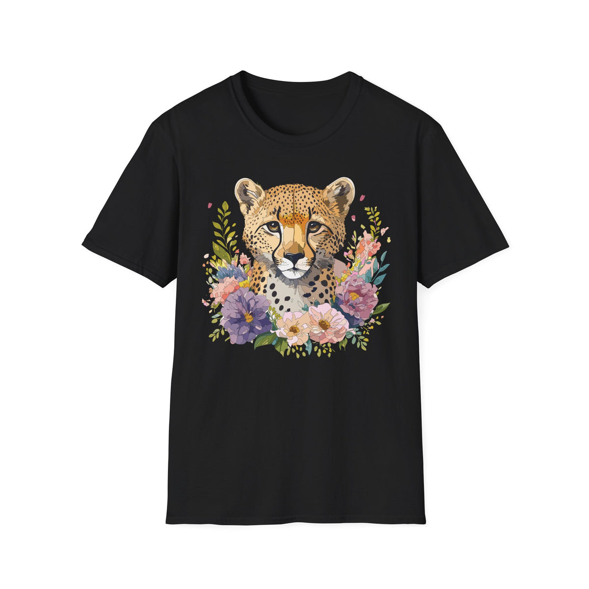 Floral Cheetah Face T-Shirt | Leopard Portrait Tee, Botanical Illustration