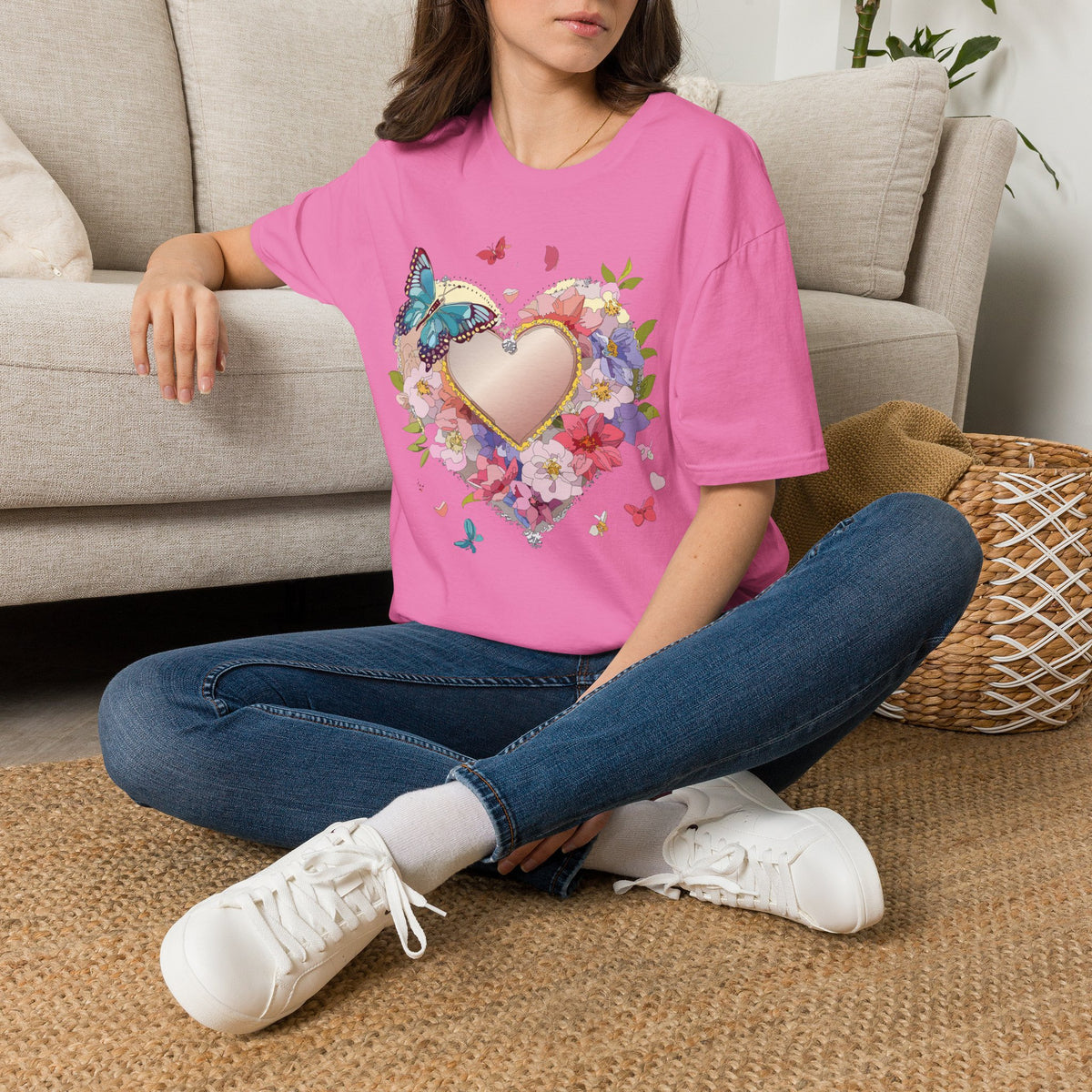 Butterfly Floral Heart Pink Gold Heart with Flowers and Butterflies Graphic Design Unisex 100 Cotton Gildan T-Shirt