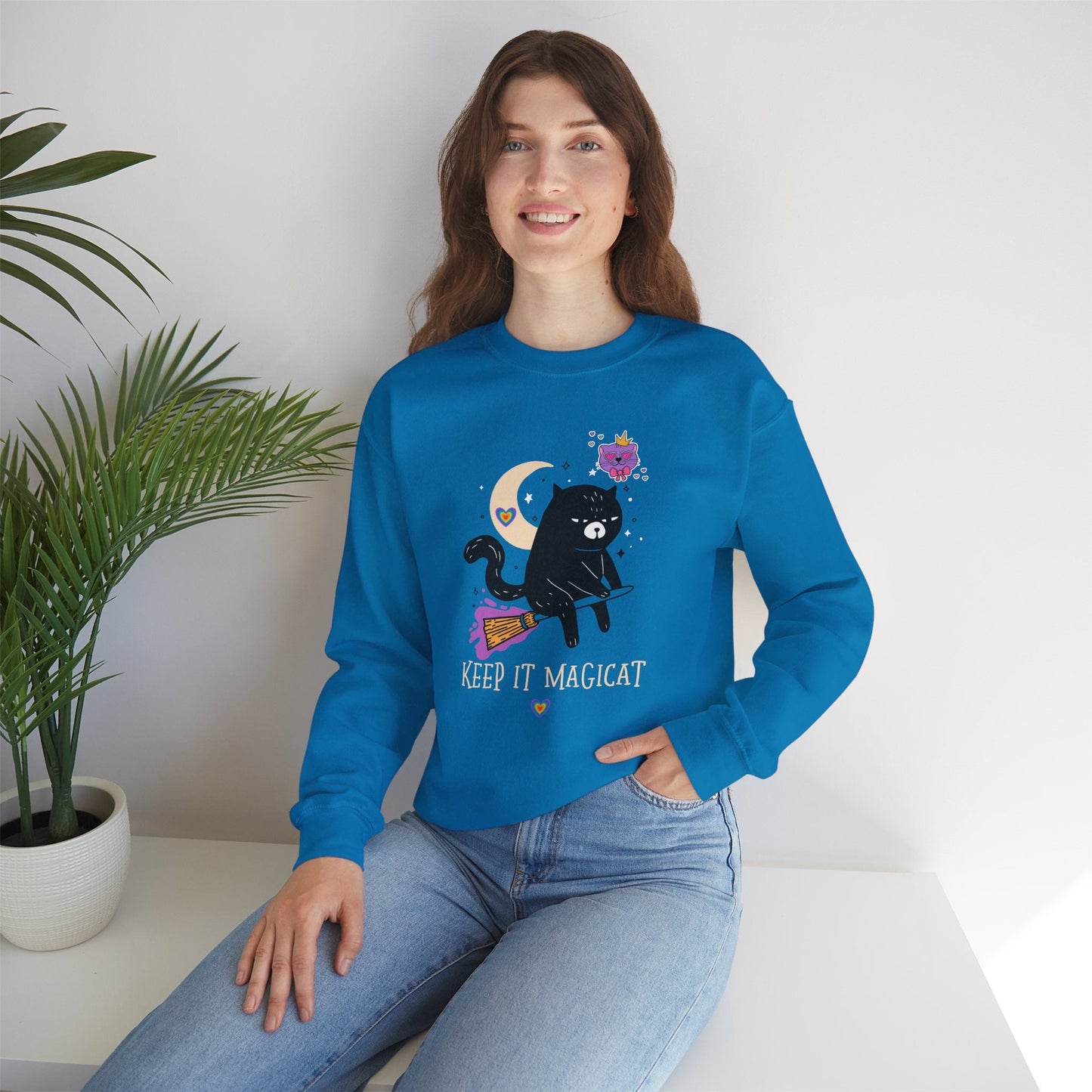 Flying Cat Heart Sweatshirt Unisex Fifty Fifty Cotton Poly Crewneck Gildan 18000 Valentines Day
