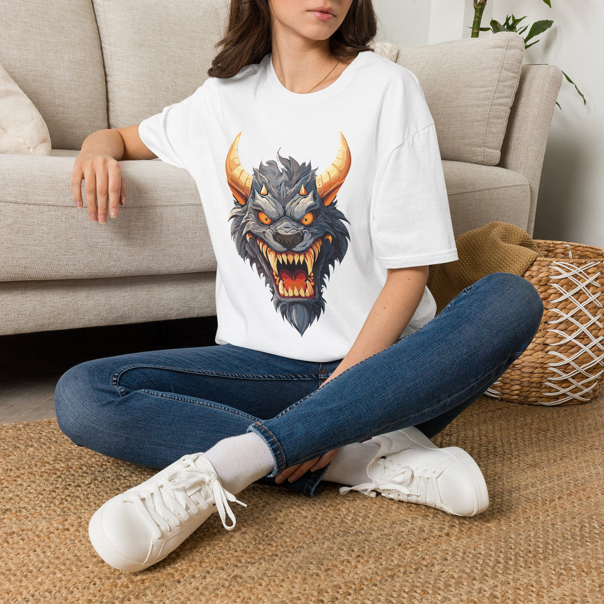 Demonic Beast Head T-Shirt — Horned Monster Cartoon Graphic Tee Unisex 100 Cotton Gildan T-Shirt