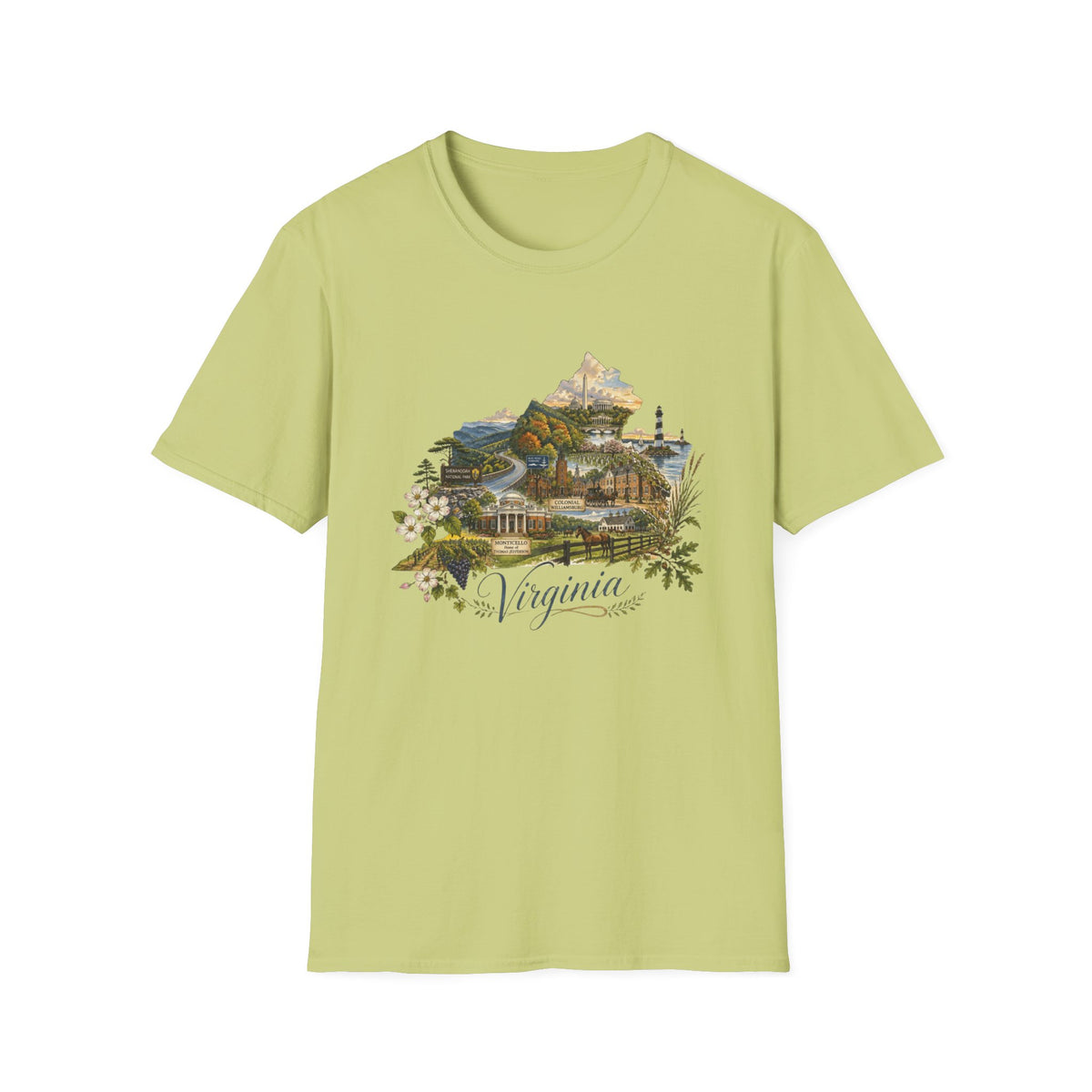 Virginia State Scenic T-Shirt — Vintage Mountains & Coastal Landmarks Travel Tourist Graphic Design Unisex 100 Cotton Gildan T-Shirt