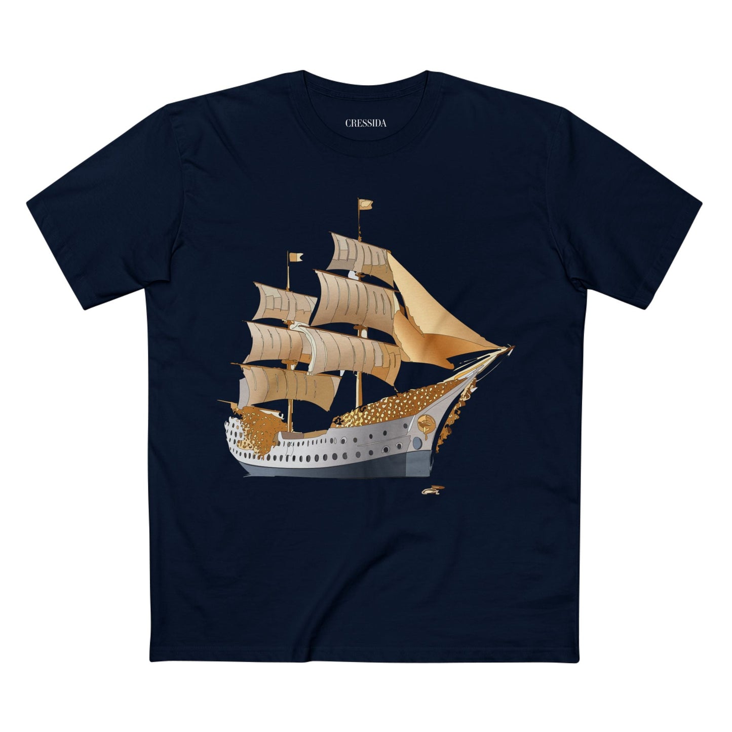 Ship Graphic Unisex 100 Cotton T-Shirt with Gold Frigate Art Design 25