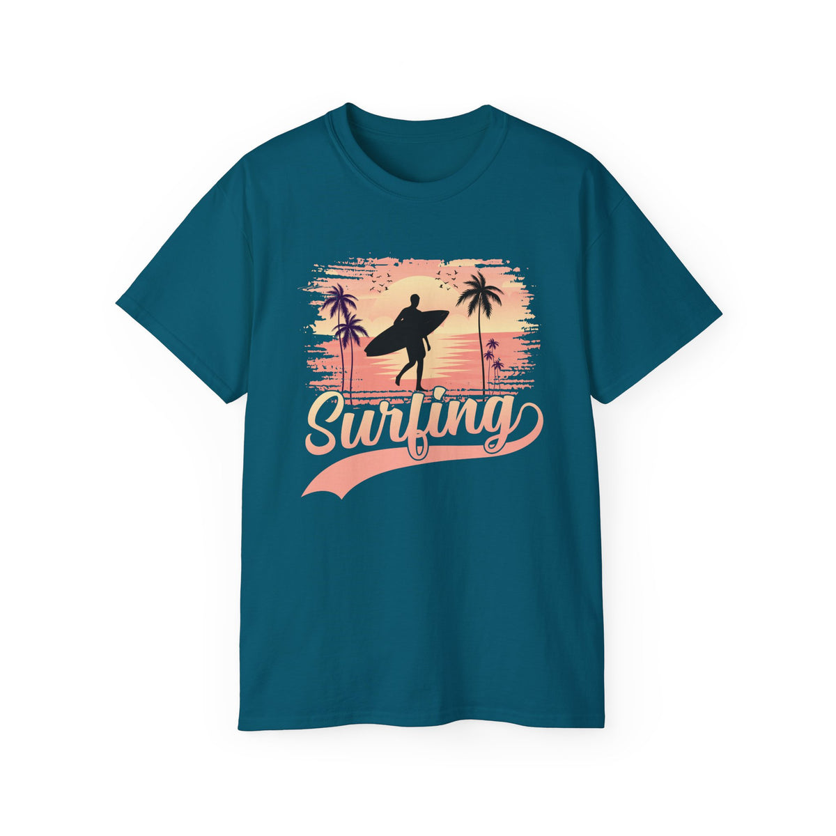 Surfing Silhouette Sunset T-Shirt | Palm Trees, Retro Wave Graphic