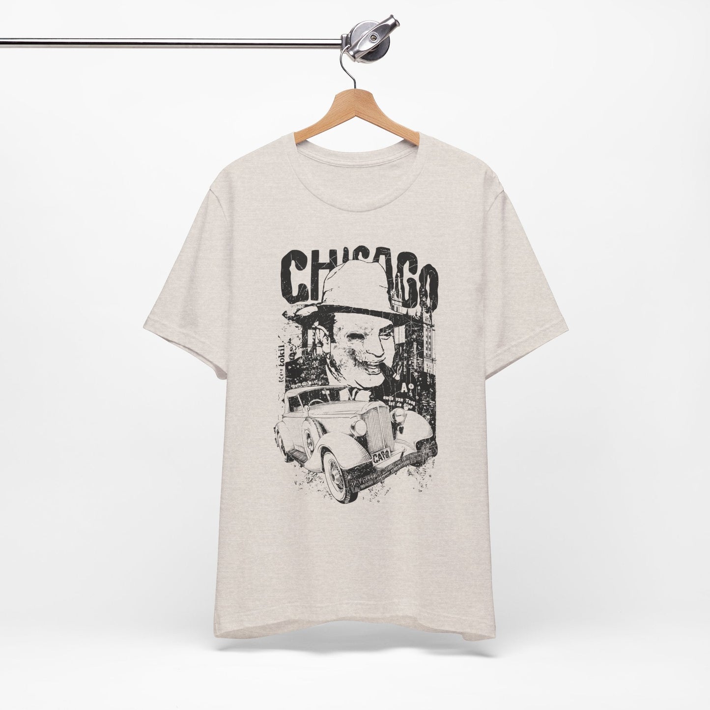 Chicago Retro Mobster Illustration Tee Vintage Car Cityscape Art Design T-Shirt A-8