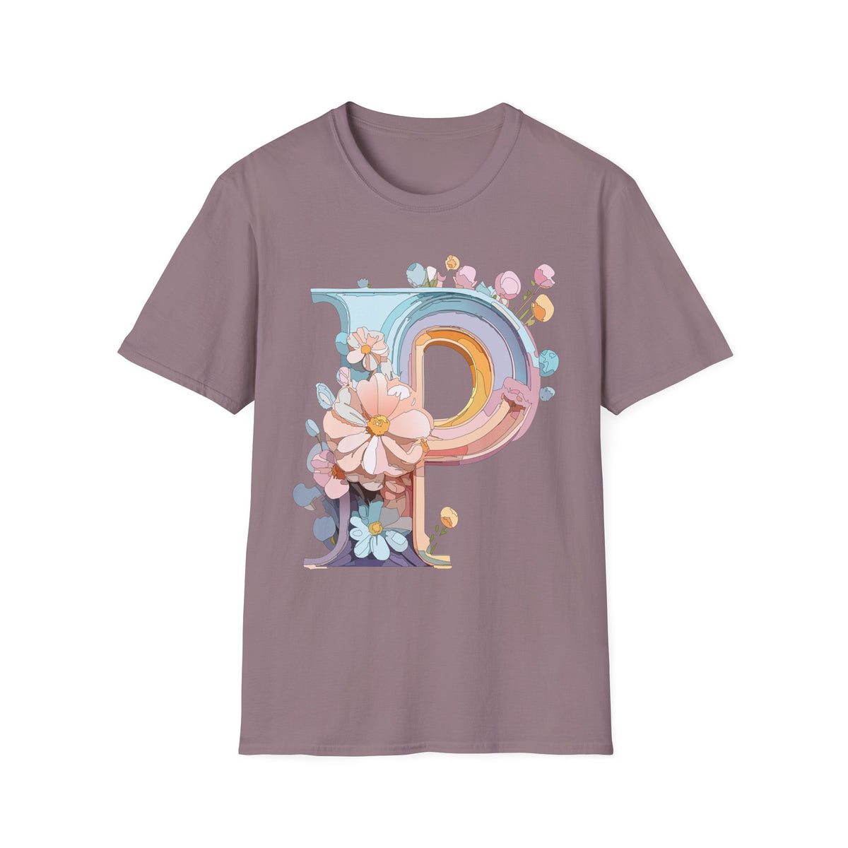 Floral Letter P T-Shirt | Pastel Rainbow Monogram Tee